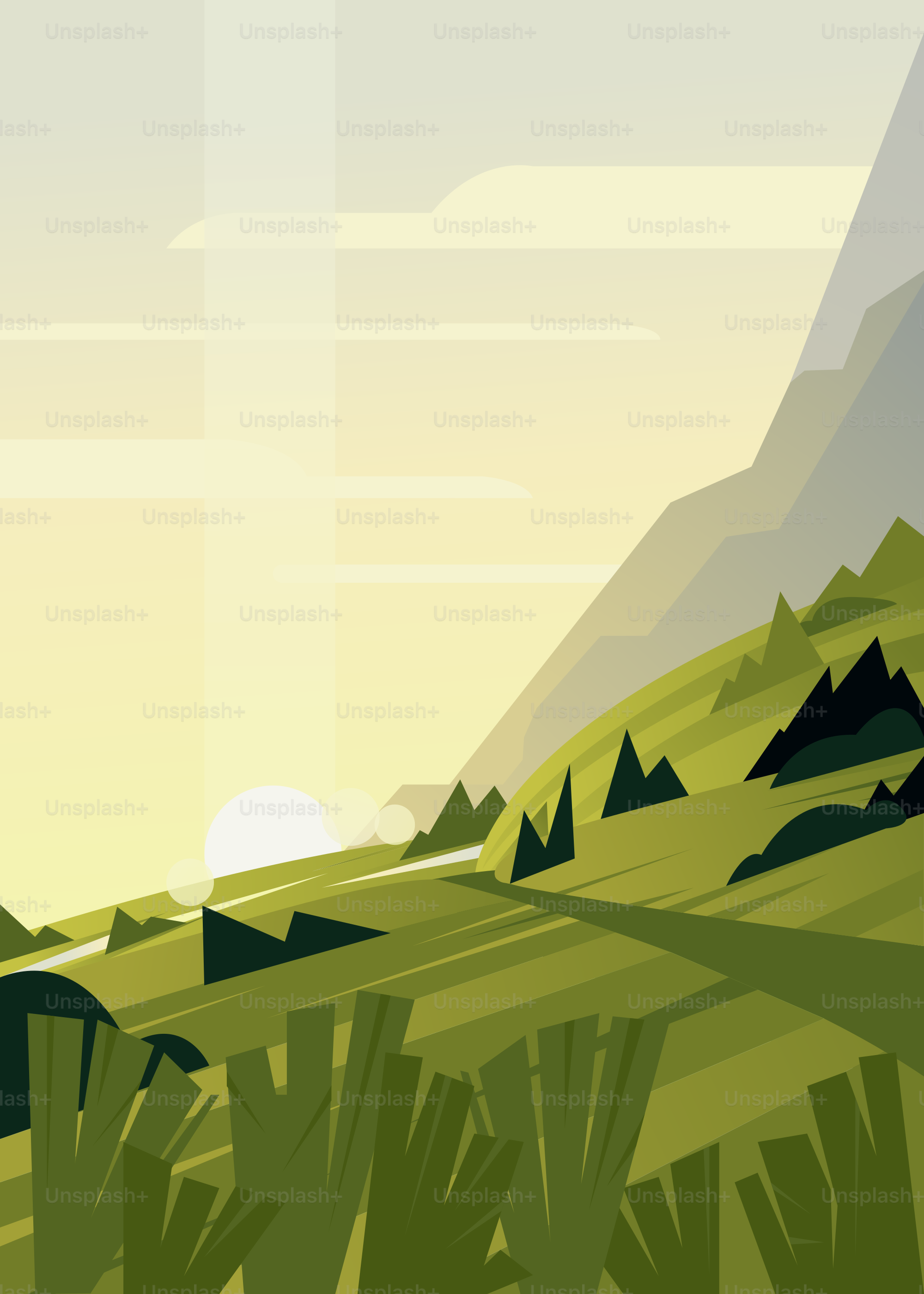 緑の風景に山々が描かれた絵画