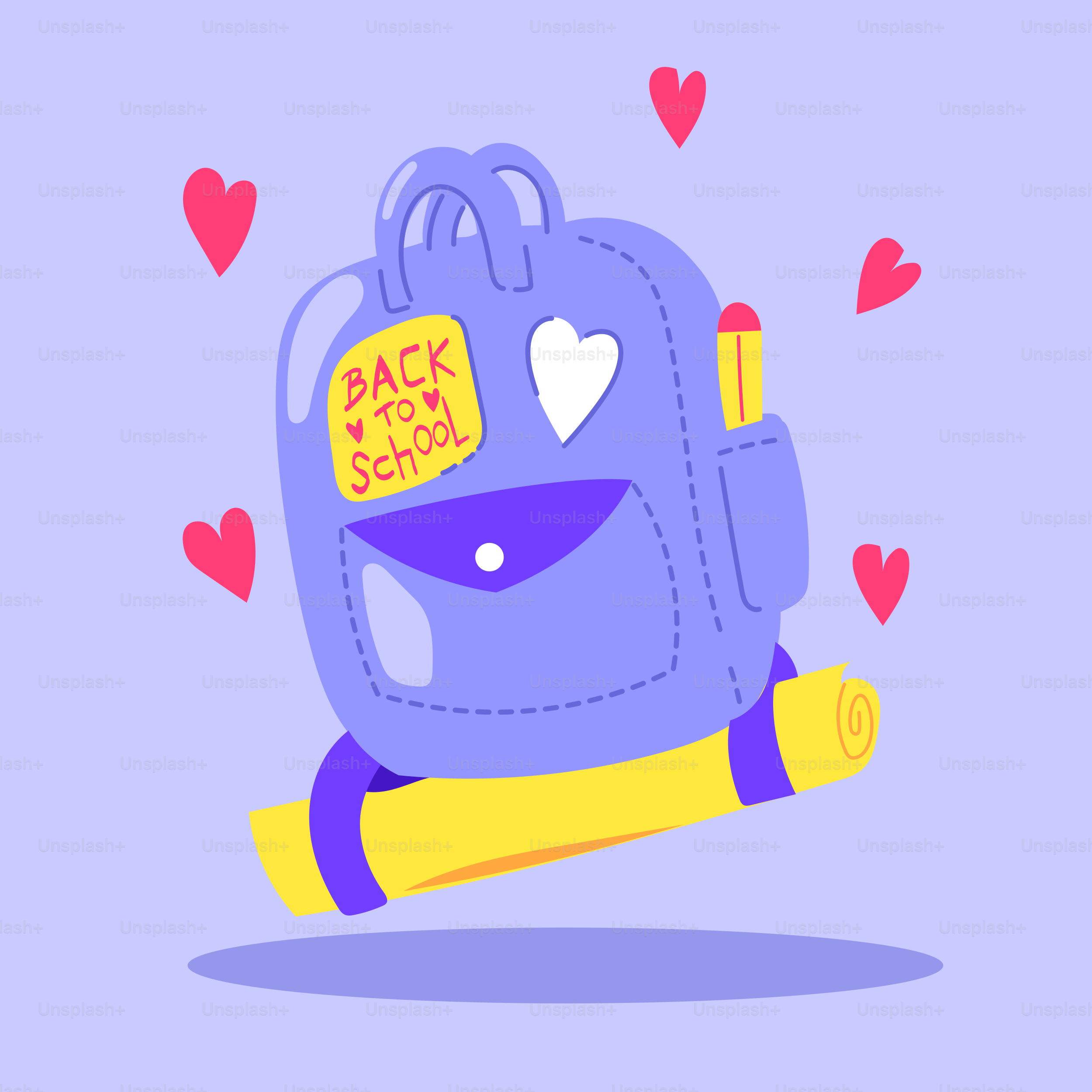 Ein lila Rucksack mit einem gelben Aufkleber darauf