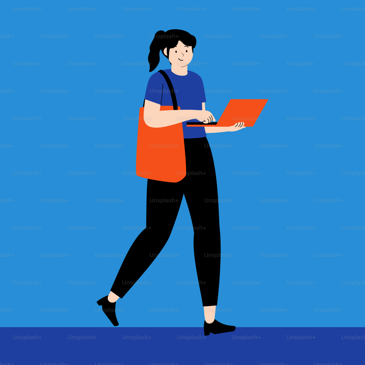 A woman walking with a laptop in her hand