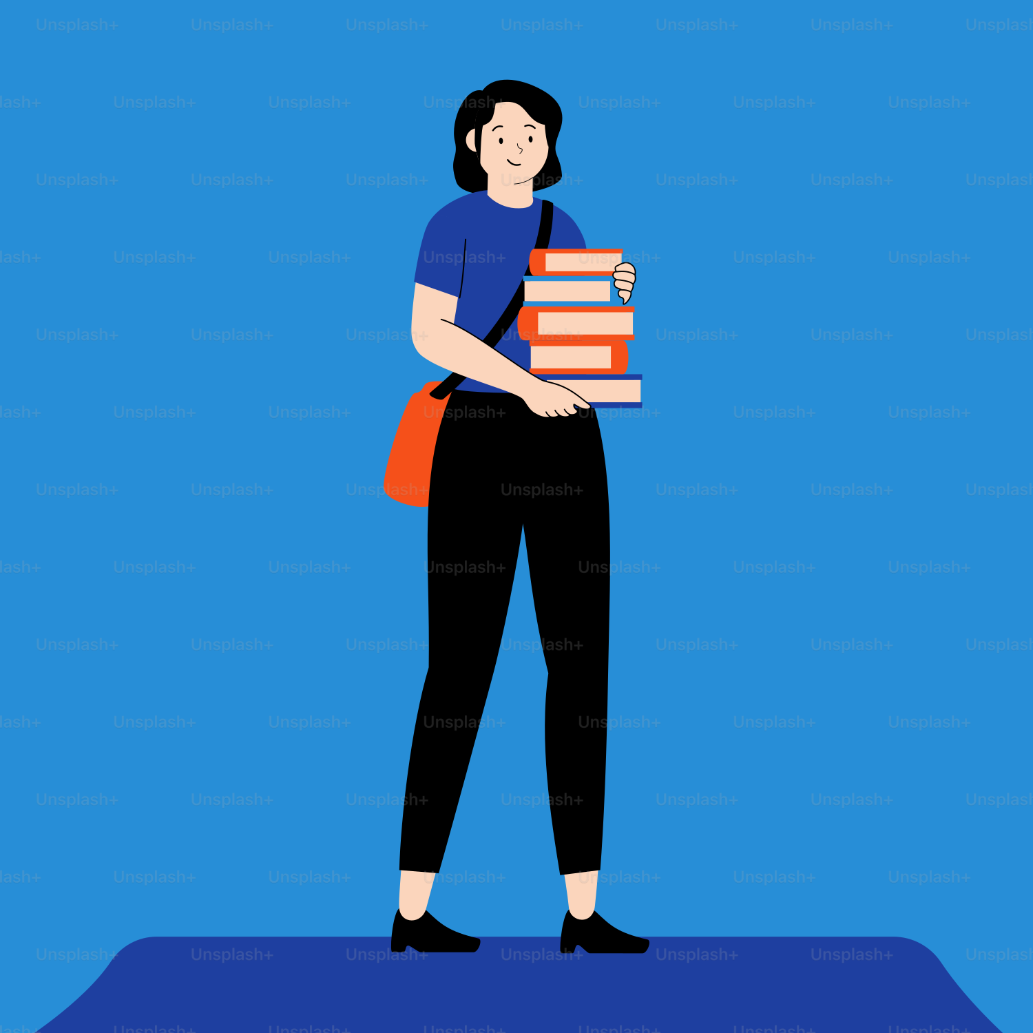 A woman is holding a stack of books