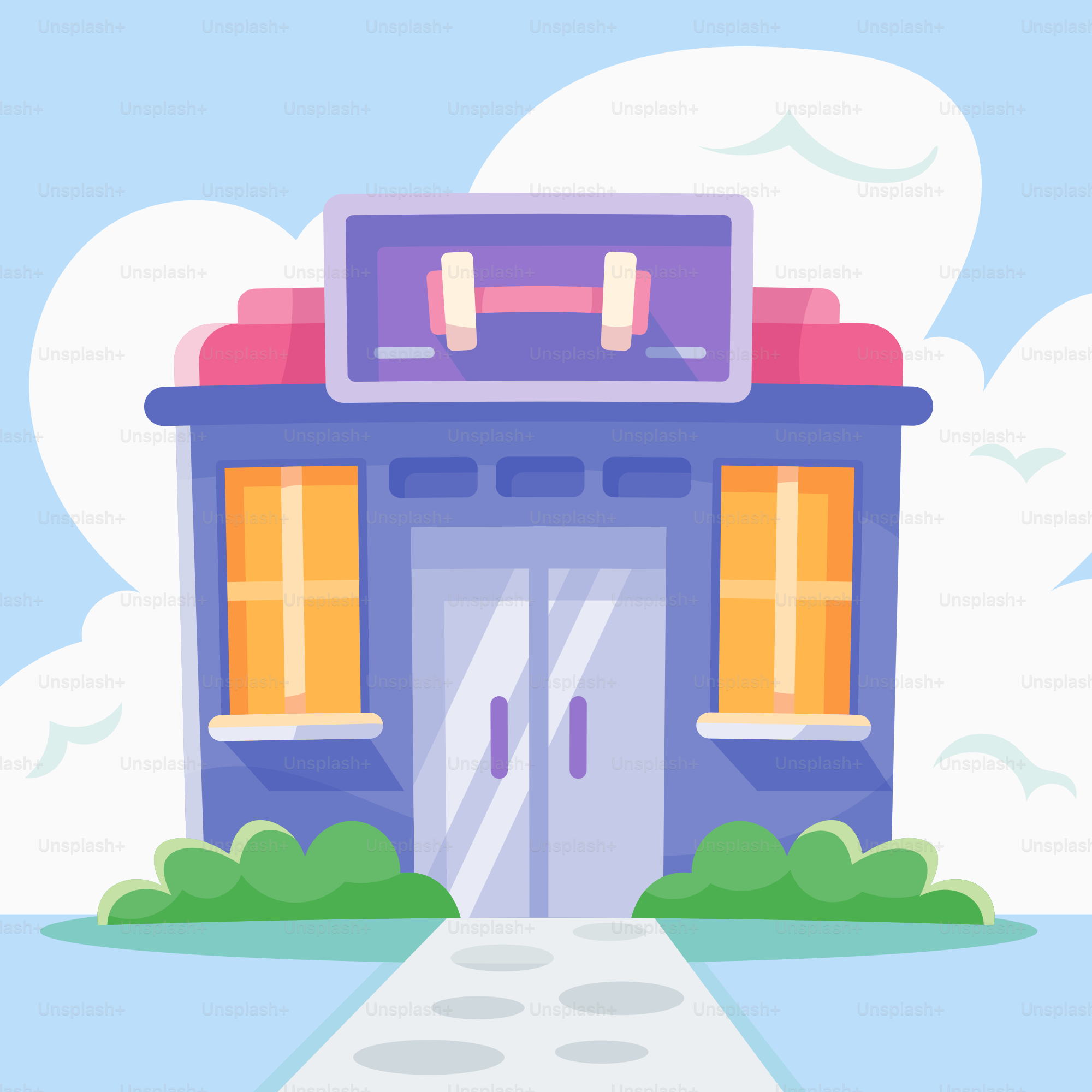 A cartoon of a building with a door and windows