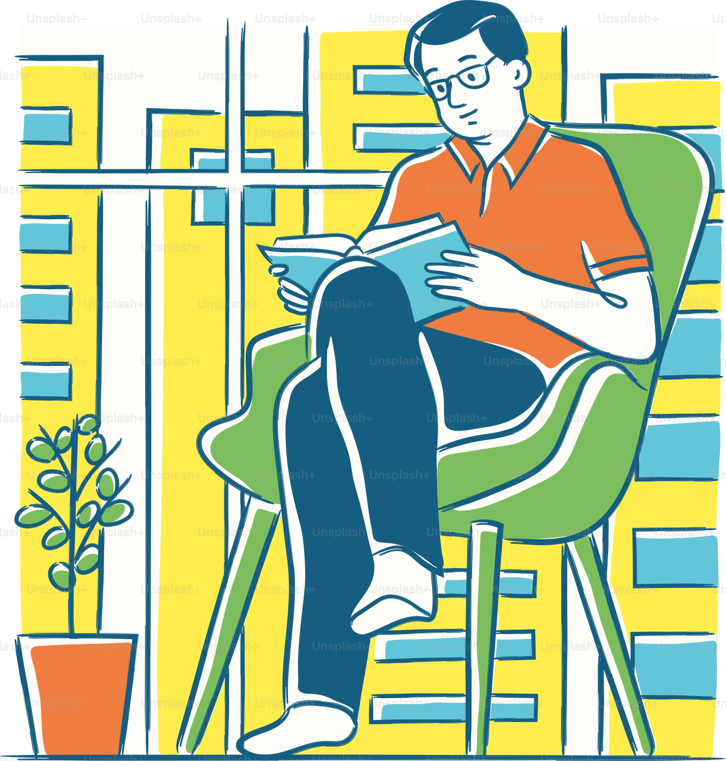 Ein Mann, der auf einem Stuhl sitzt und ein Buch liest