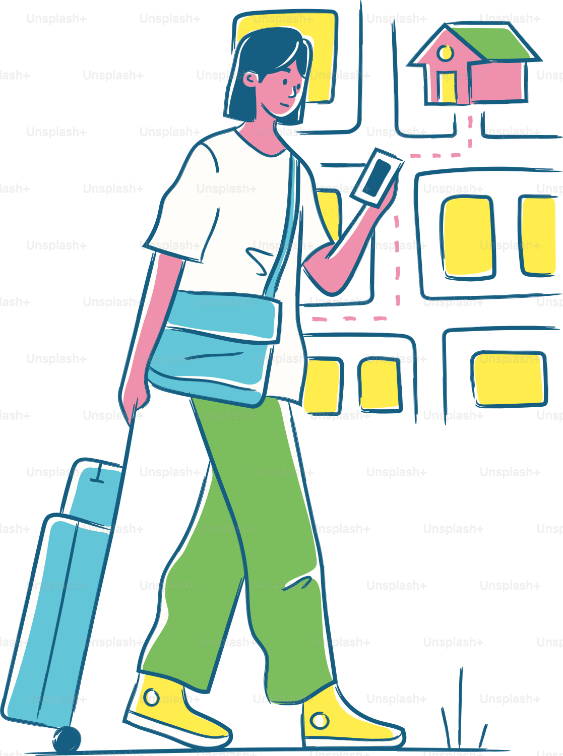 Eine Frau, die mit einem Koffer und einem Handy spazieren geht