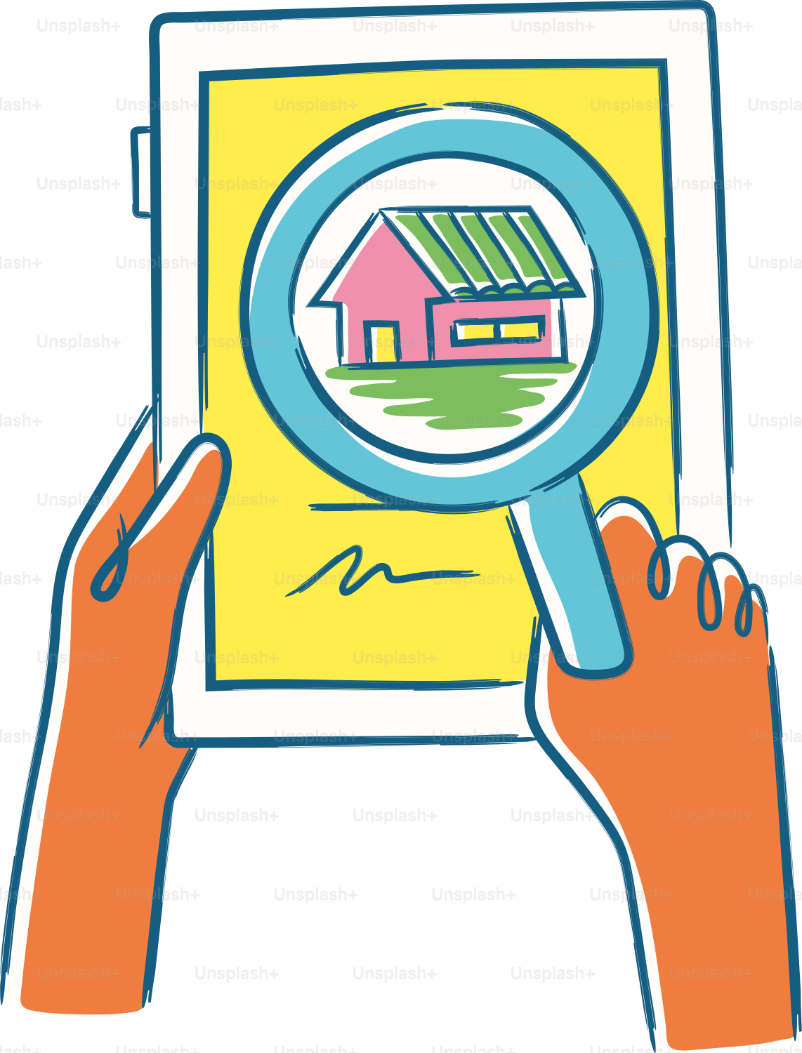 A person holding a tablet with a magnifying glass