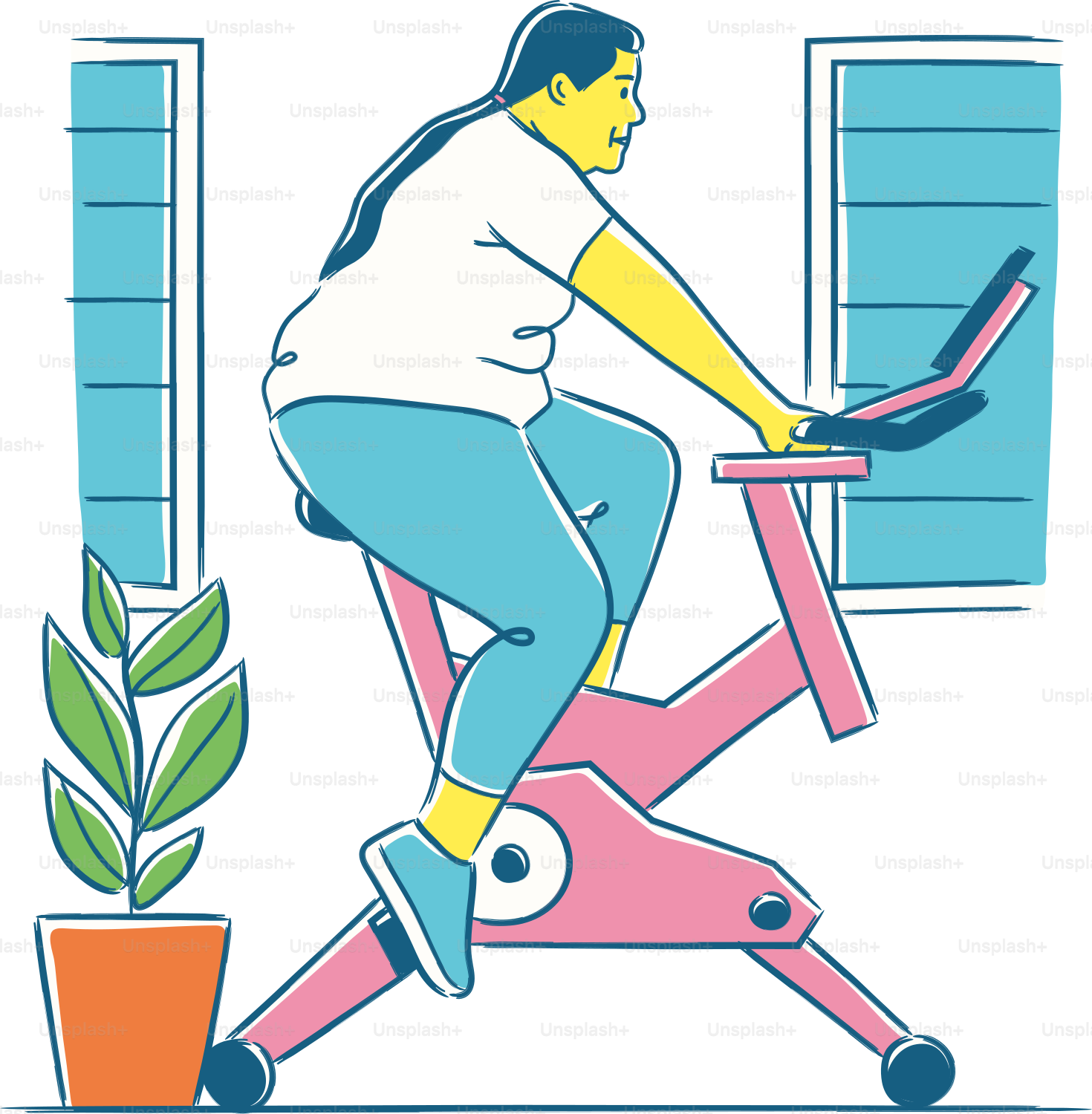 A woman riding a stationary bike with a potted plant