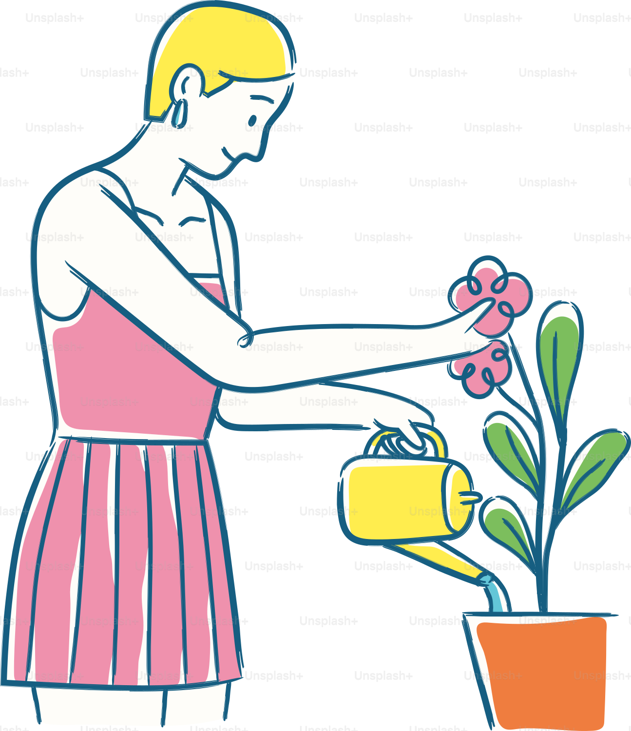Eine Frau in einem rosa Kleid, die eine Pflanze gießt