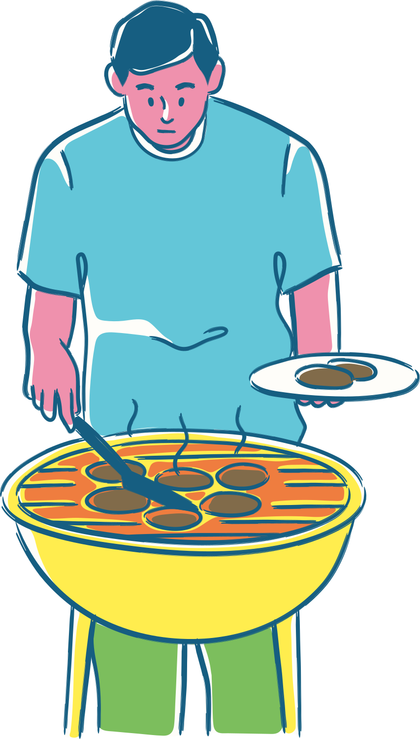 A man holding a plate of food in front of a grill
