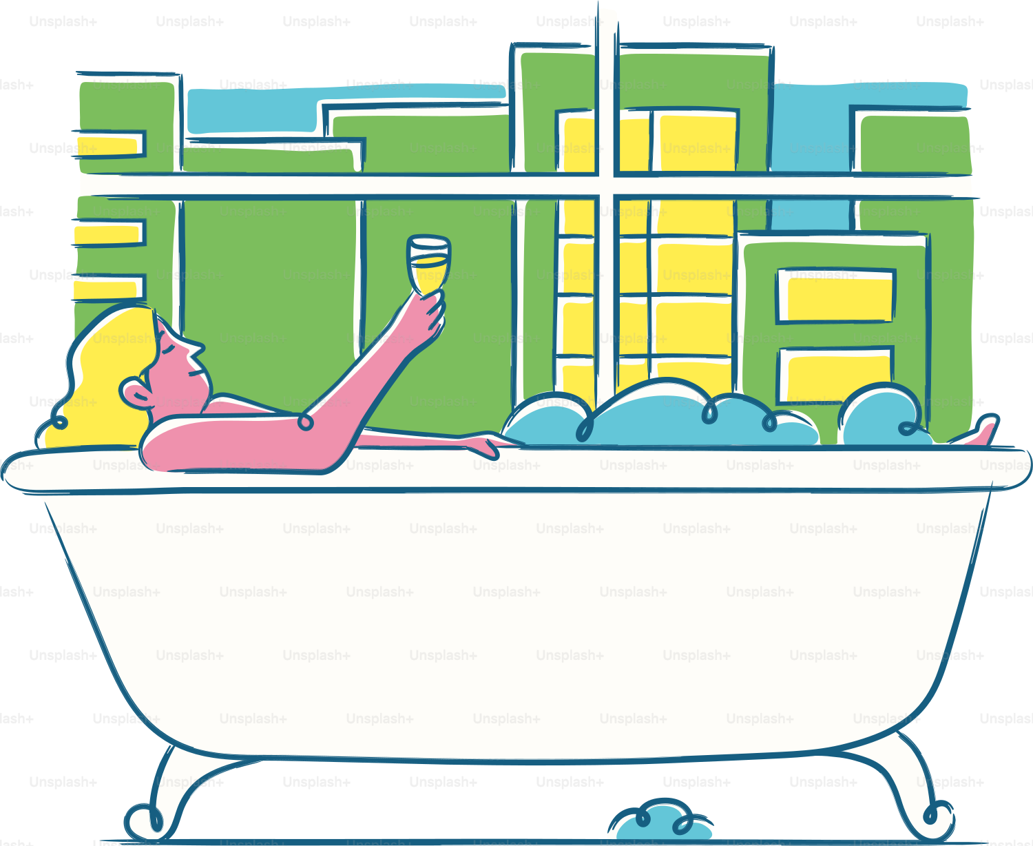 A person laying in a bathtub with a city in the background