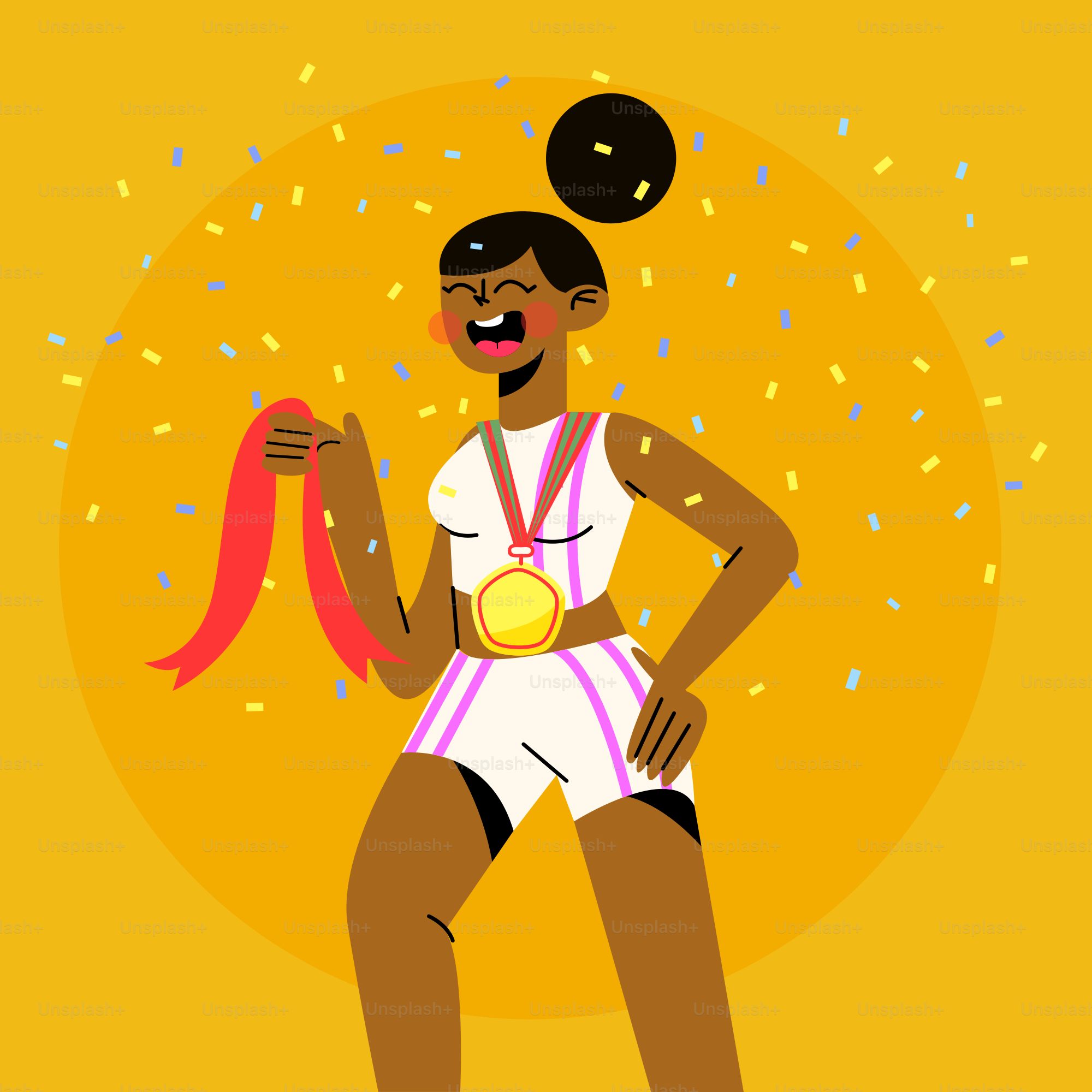 A woman holding a gold medal and a red ribbon