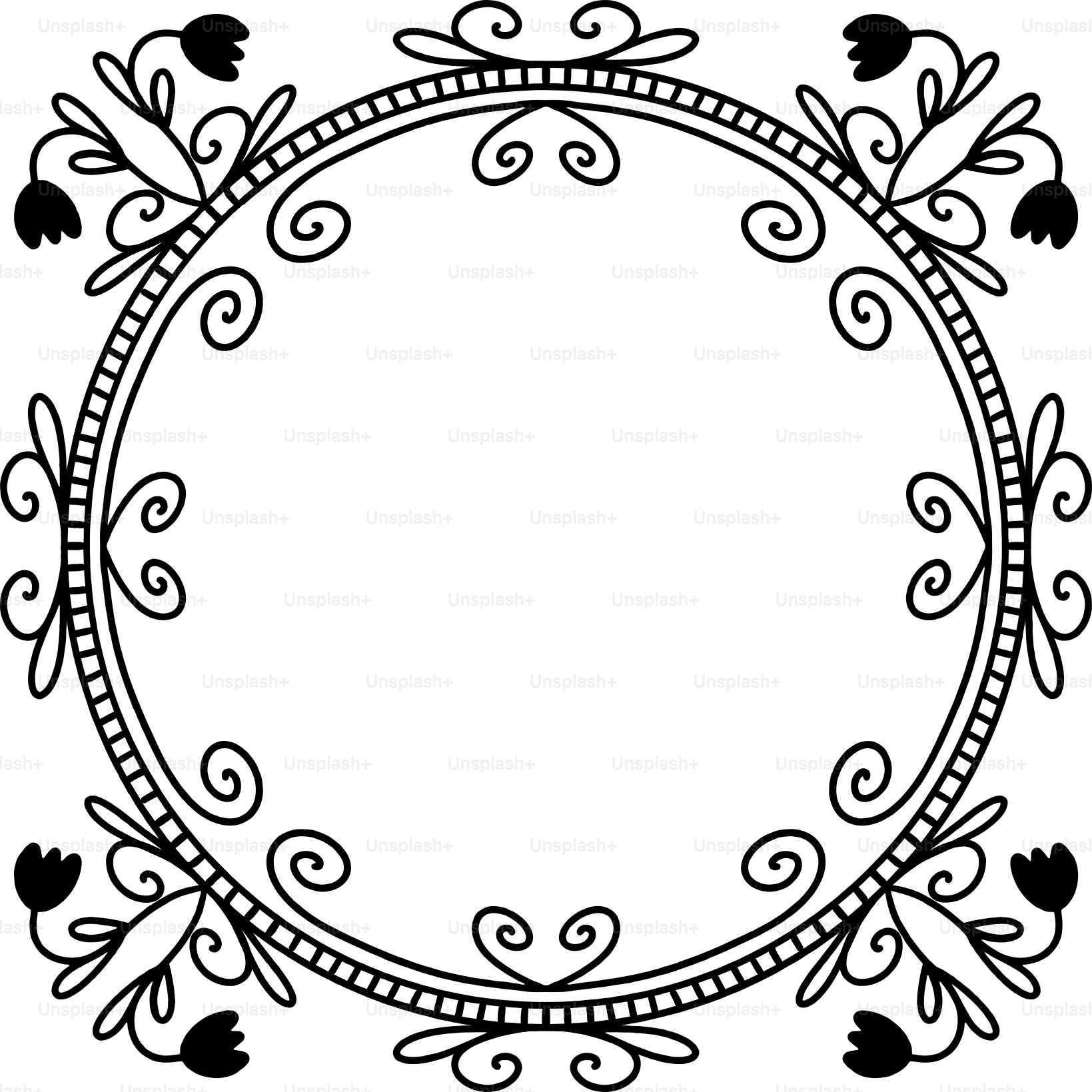 A black and white circular frame with leaves