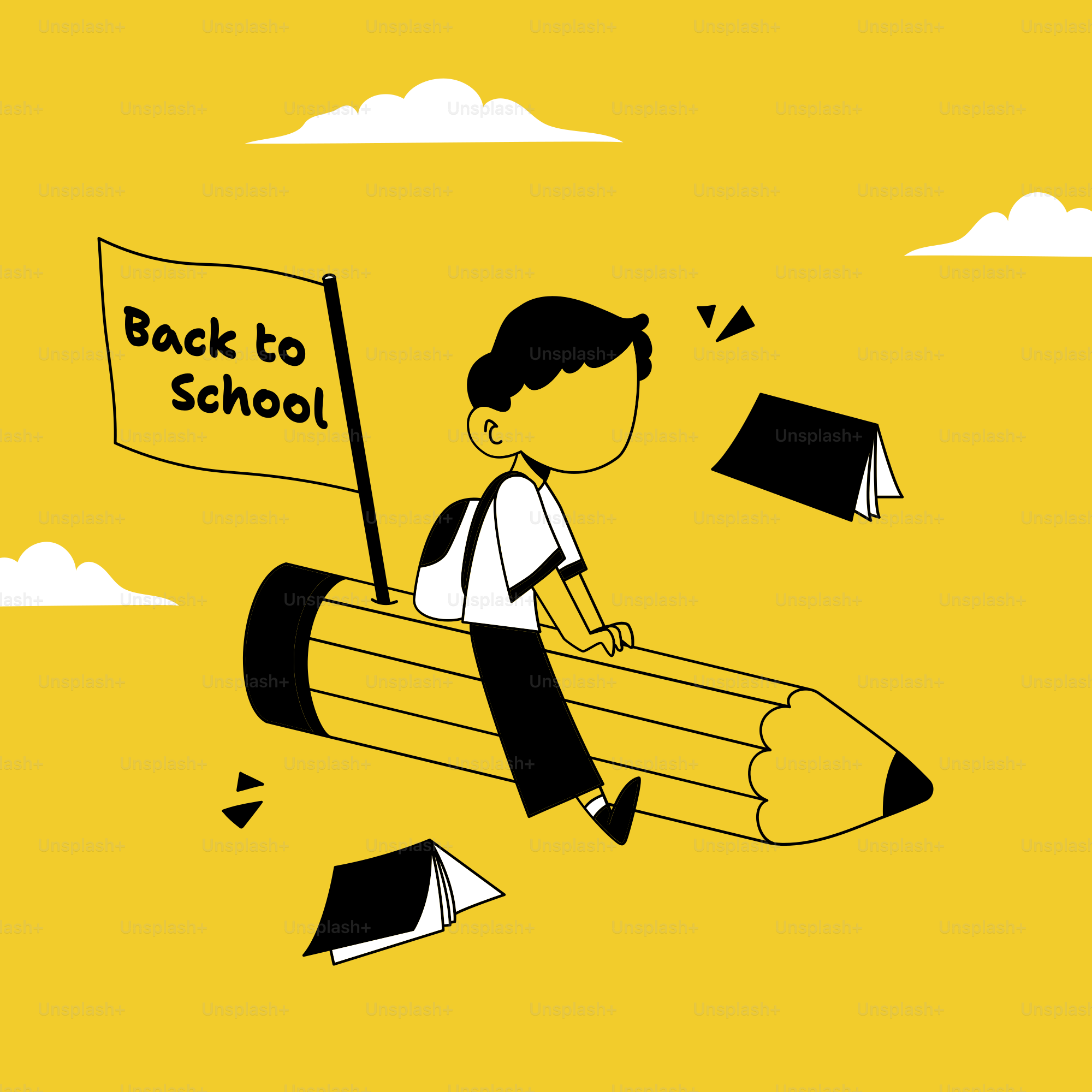 Un niño vuela con un lápiz y un cartel de vuelta al colegio