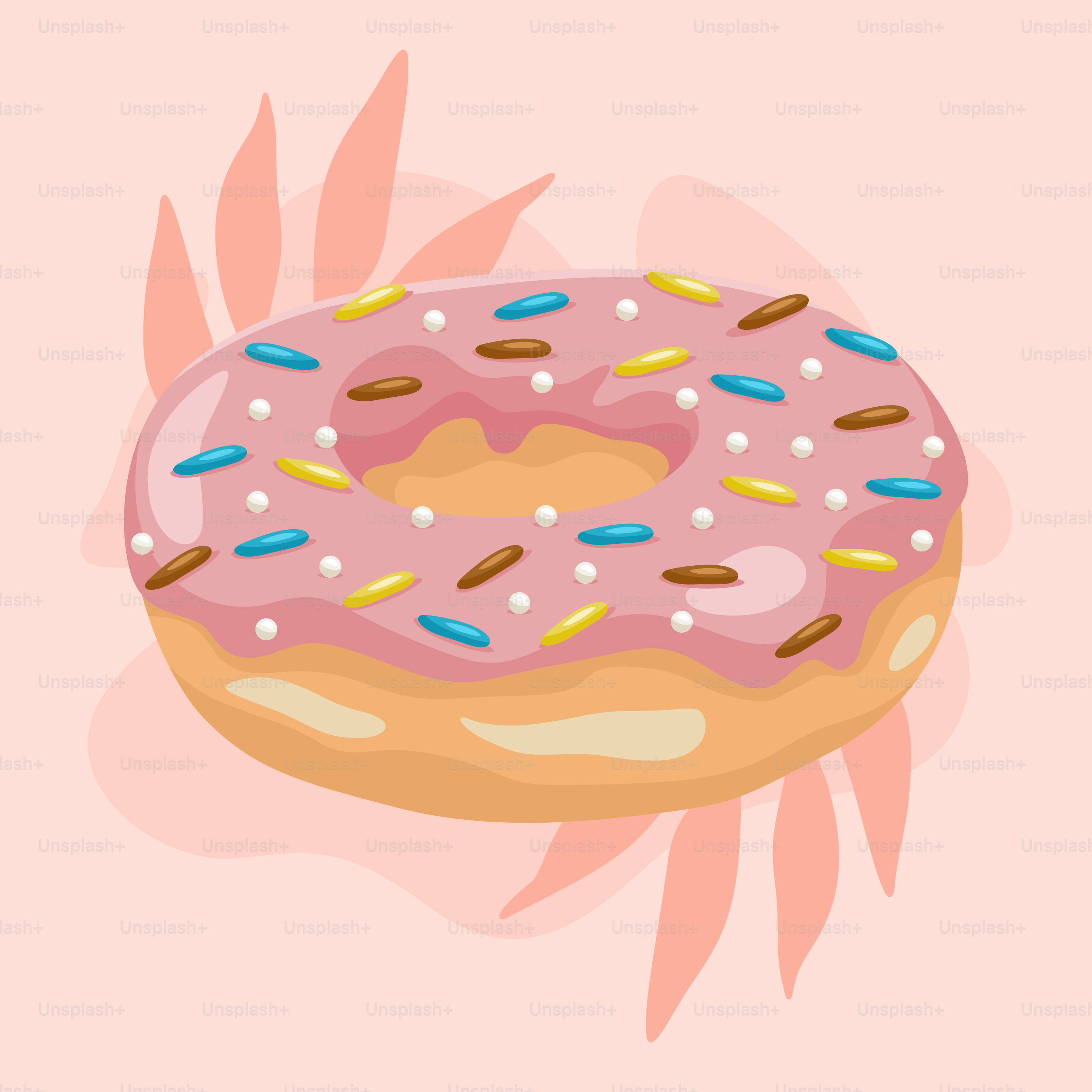 A donut with pink icing and sprinkles on a pink background