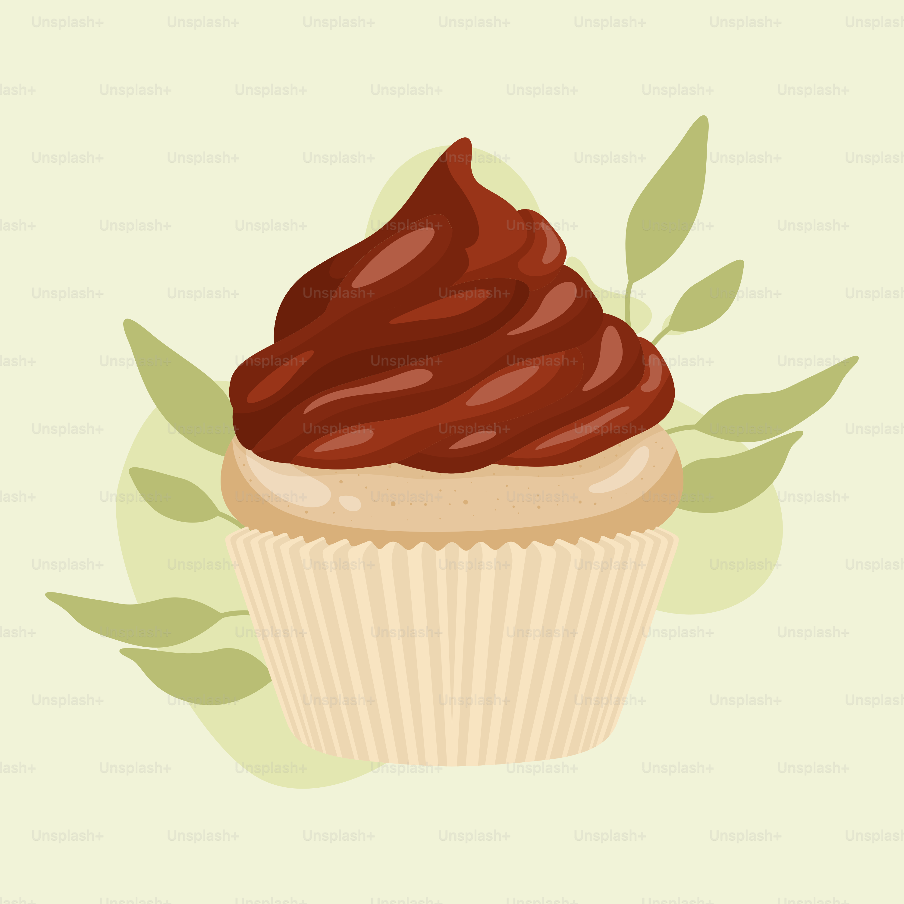A cupcake with chocolate frosting on a green background