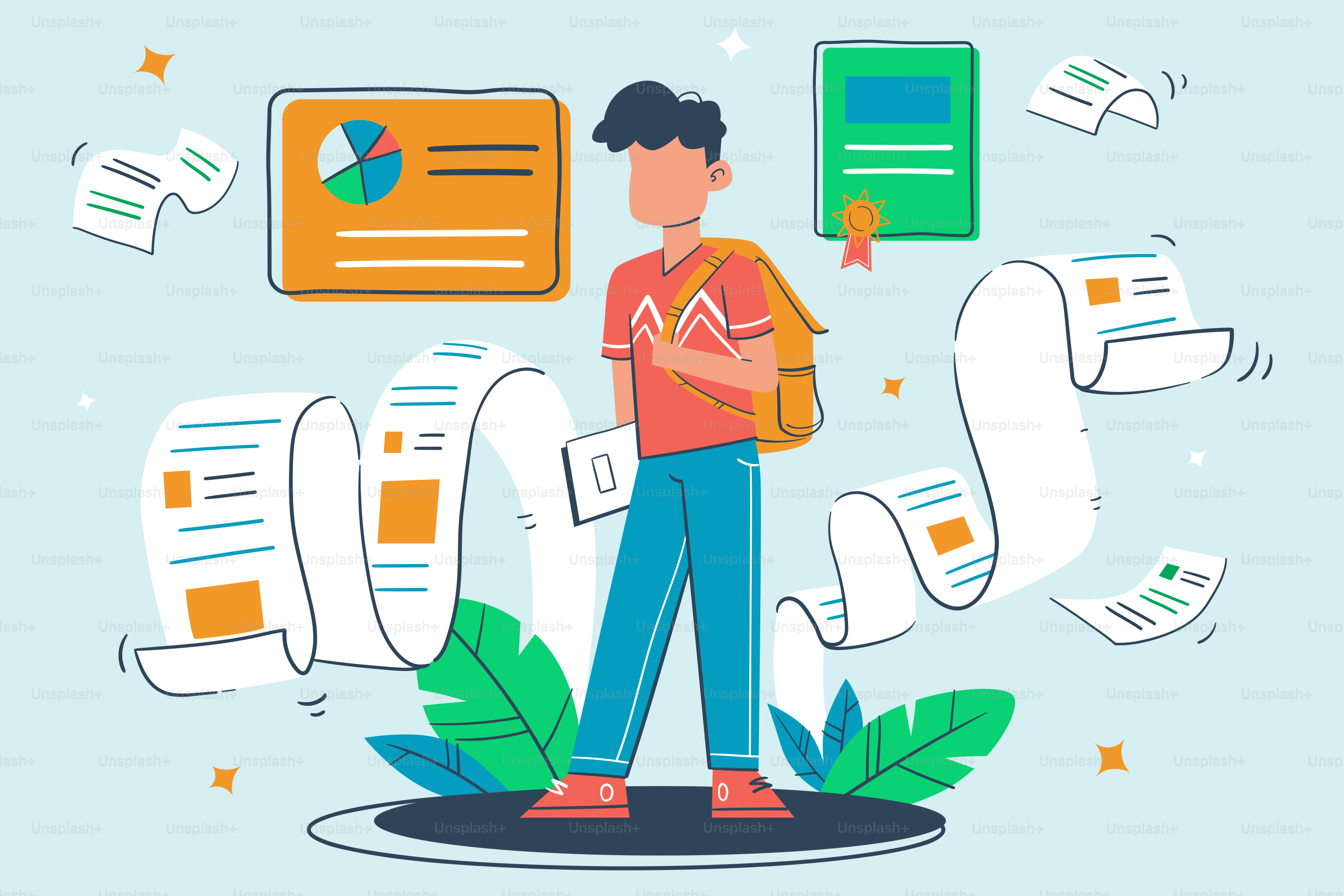 Un uomo in piedi davanti a una pila di carte