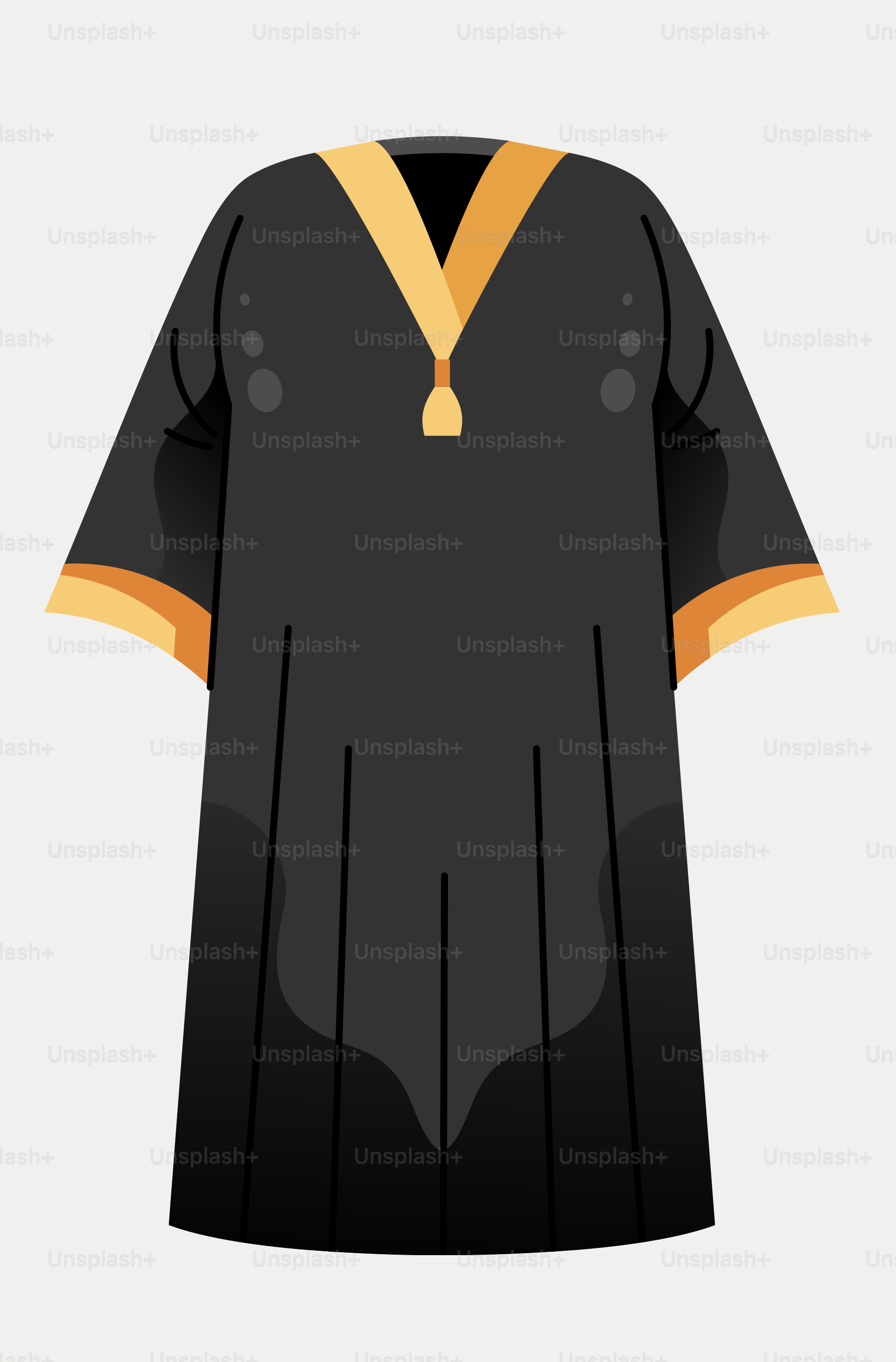 A black graduation gown with a gold tassel
