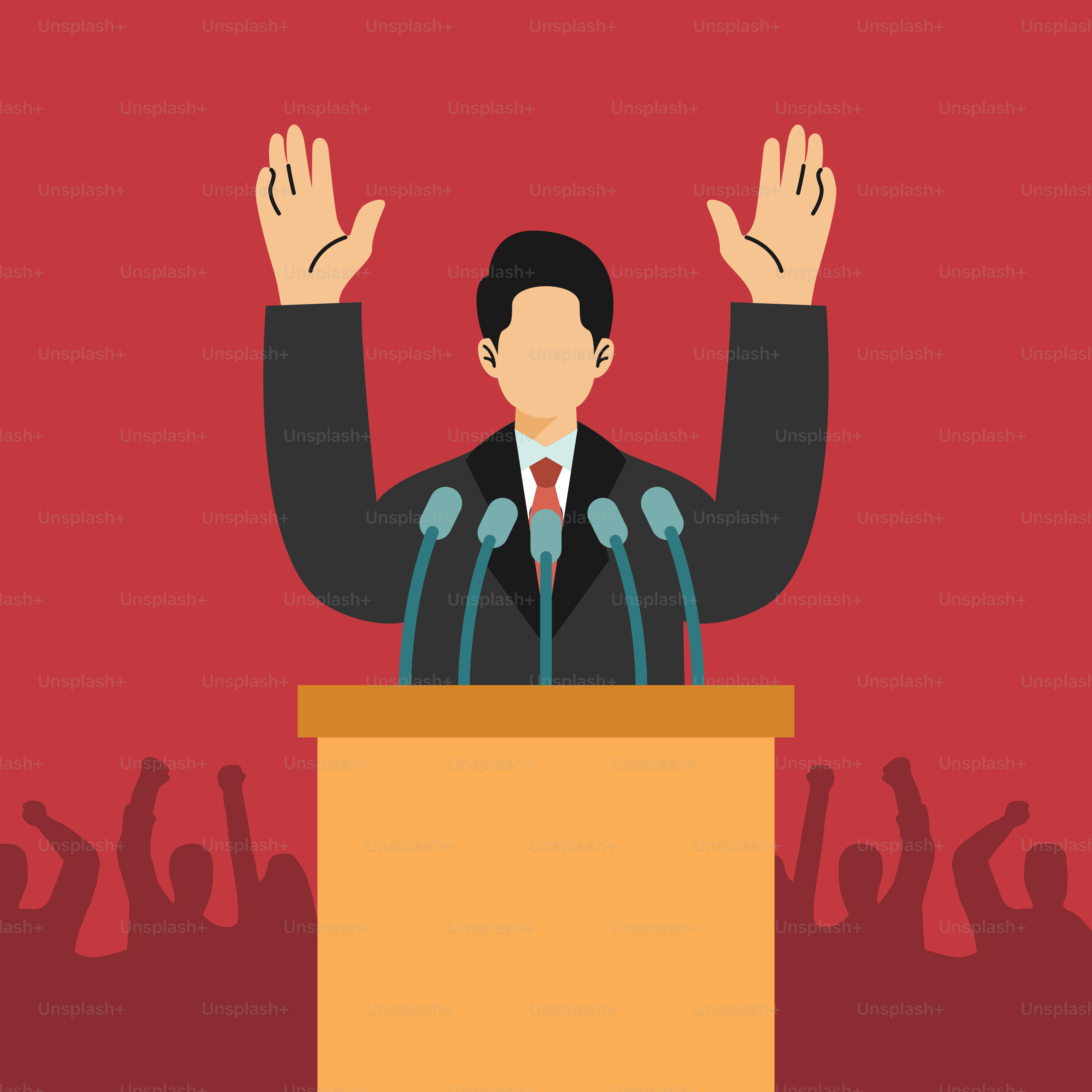 A man standing at a podium with his hands up