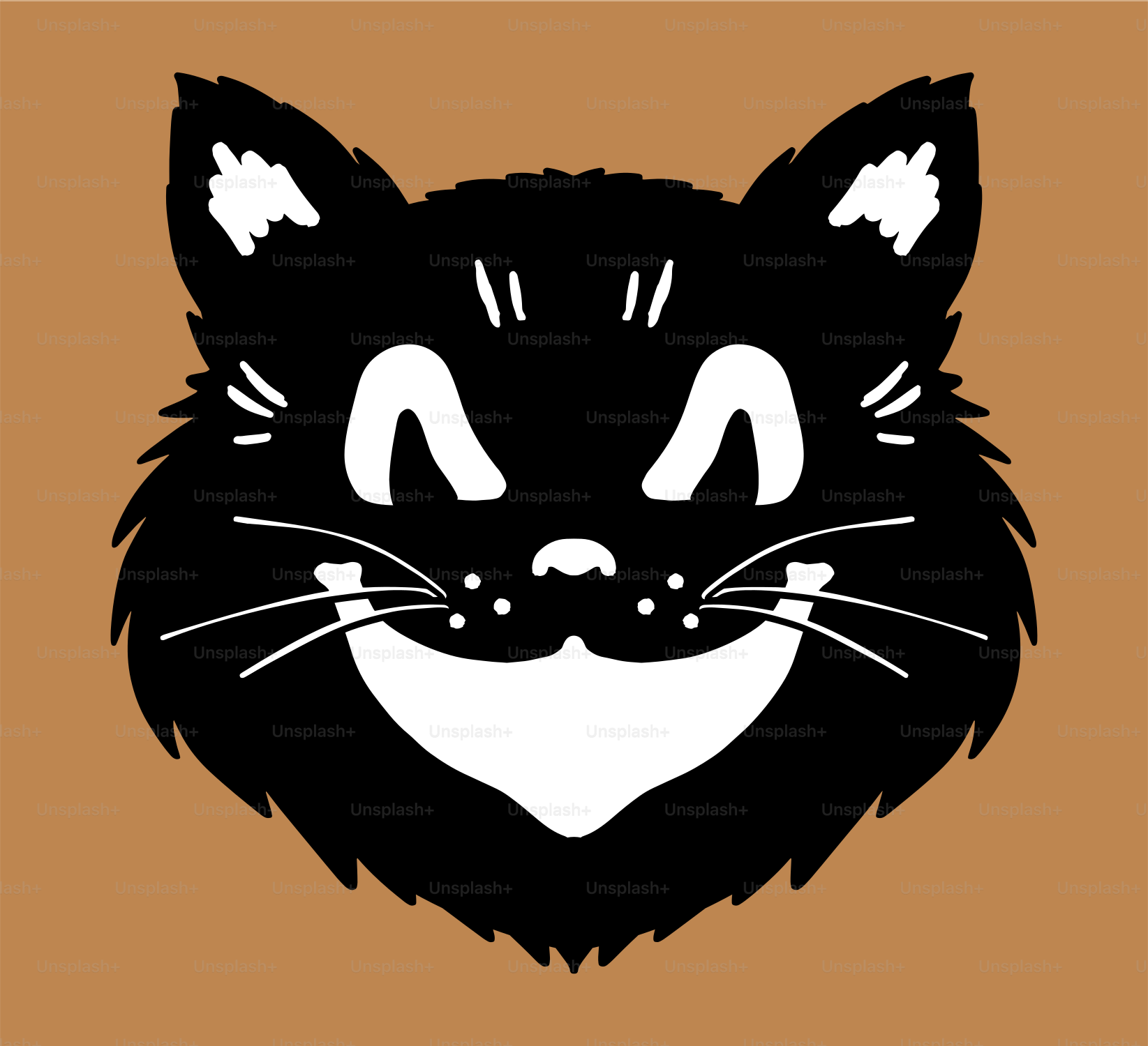 Eine schwarze Katze mit weißem Gesicht auf braunem Hintergrund