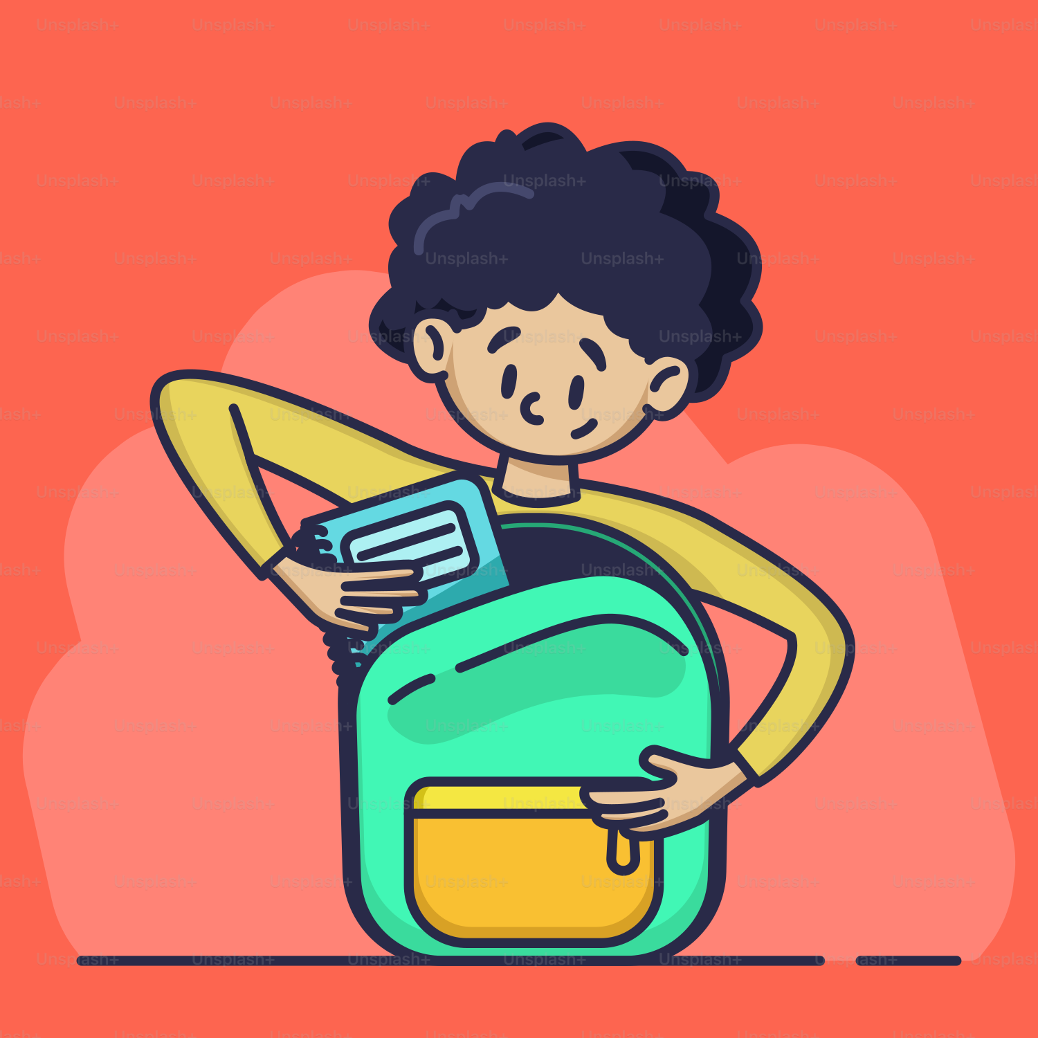 Un hombre sostiene una mochila y un libro