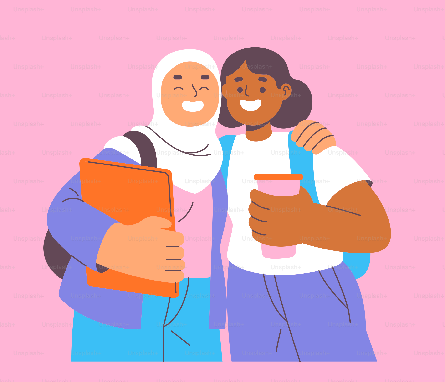 Dos personas abrazándose con un fondo rosa