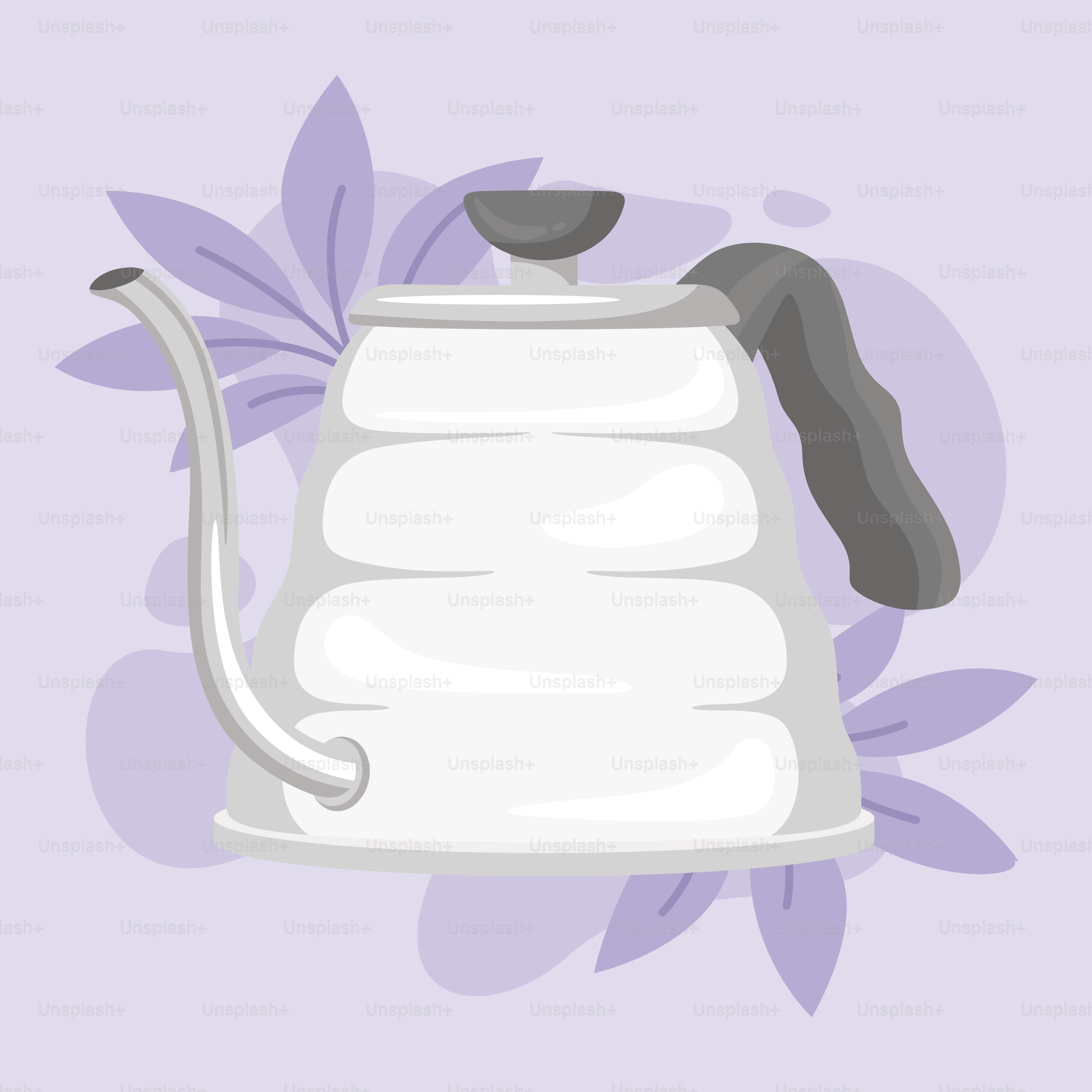 A white kettle with a black handle on a purple background