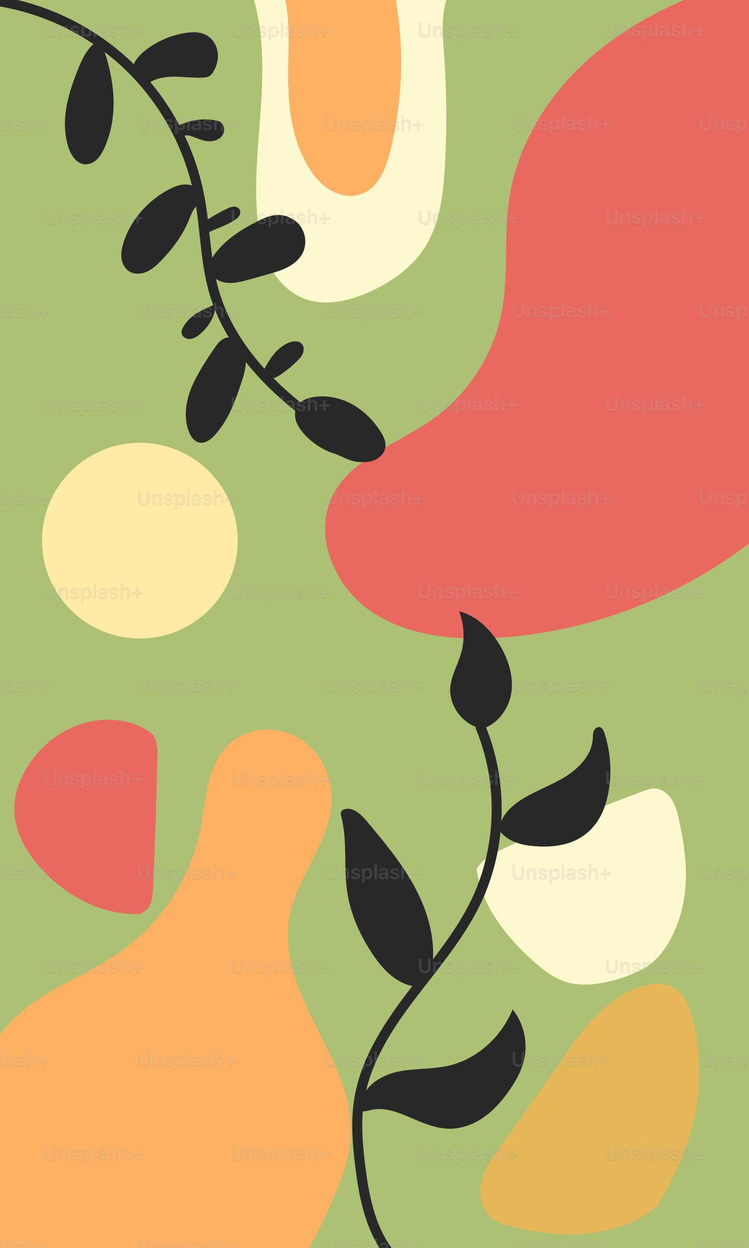 A painting of a plant with leaves on a green background