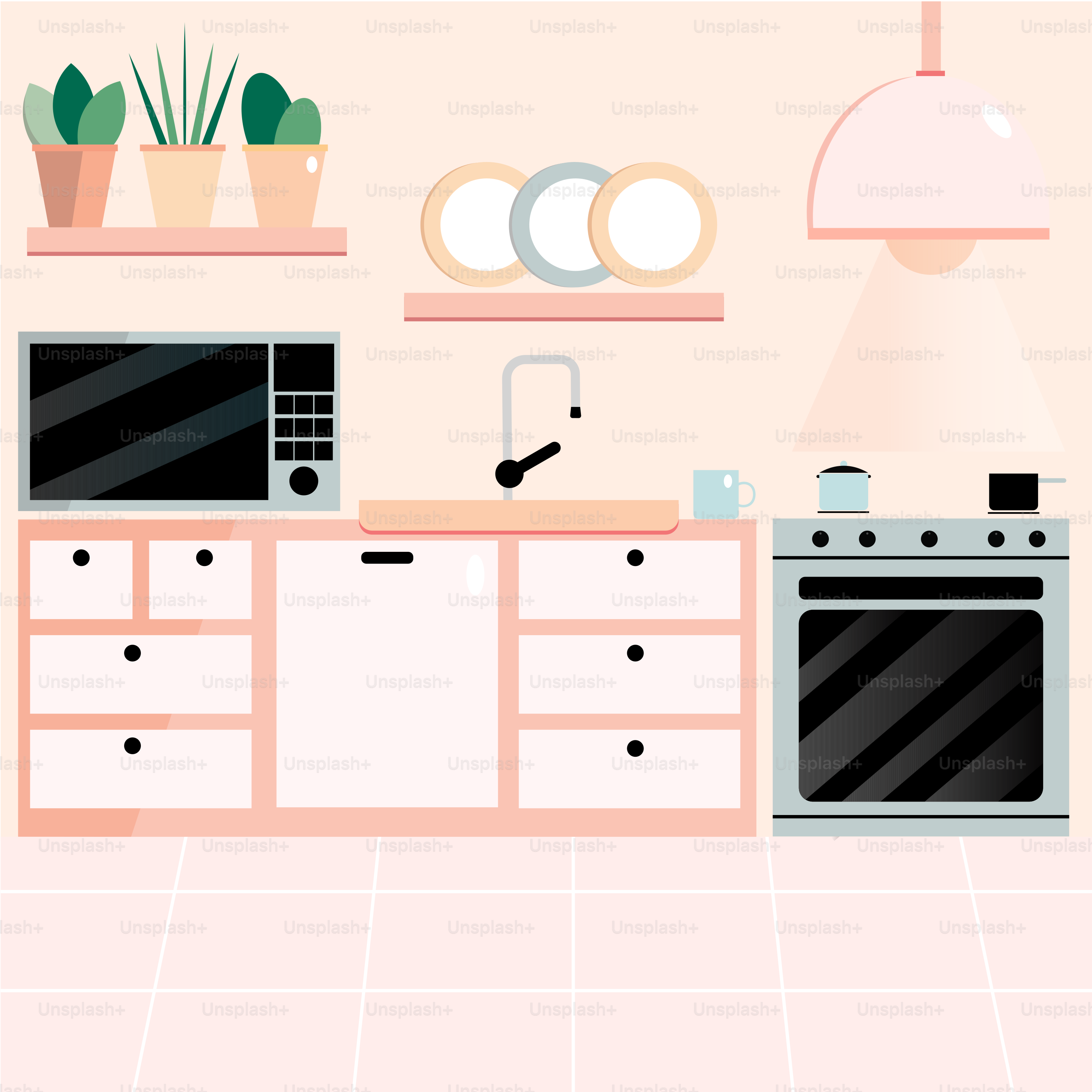 A kitchen with a stove, oven, microwave and potted plant