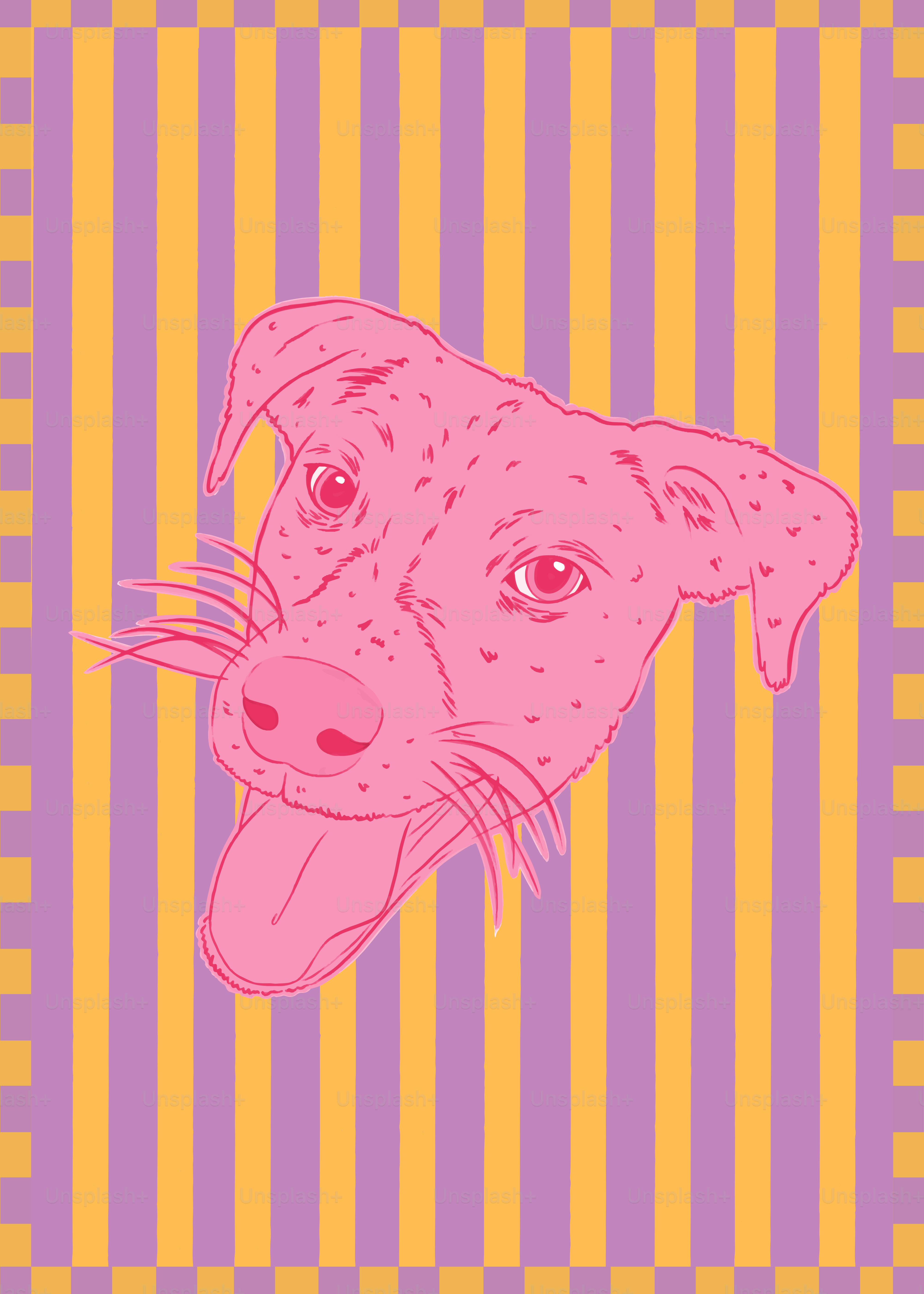 A drawing of a dog on a striped background