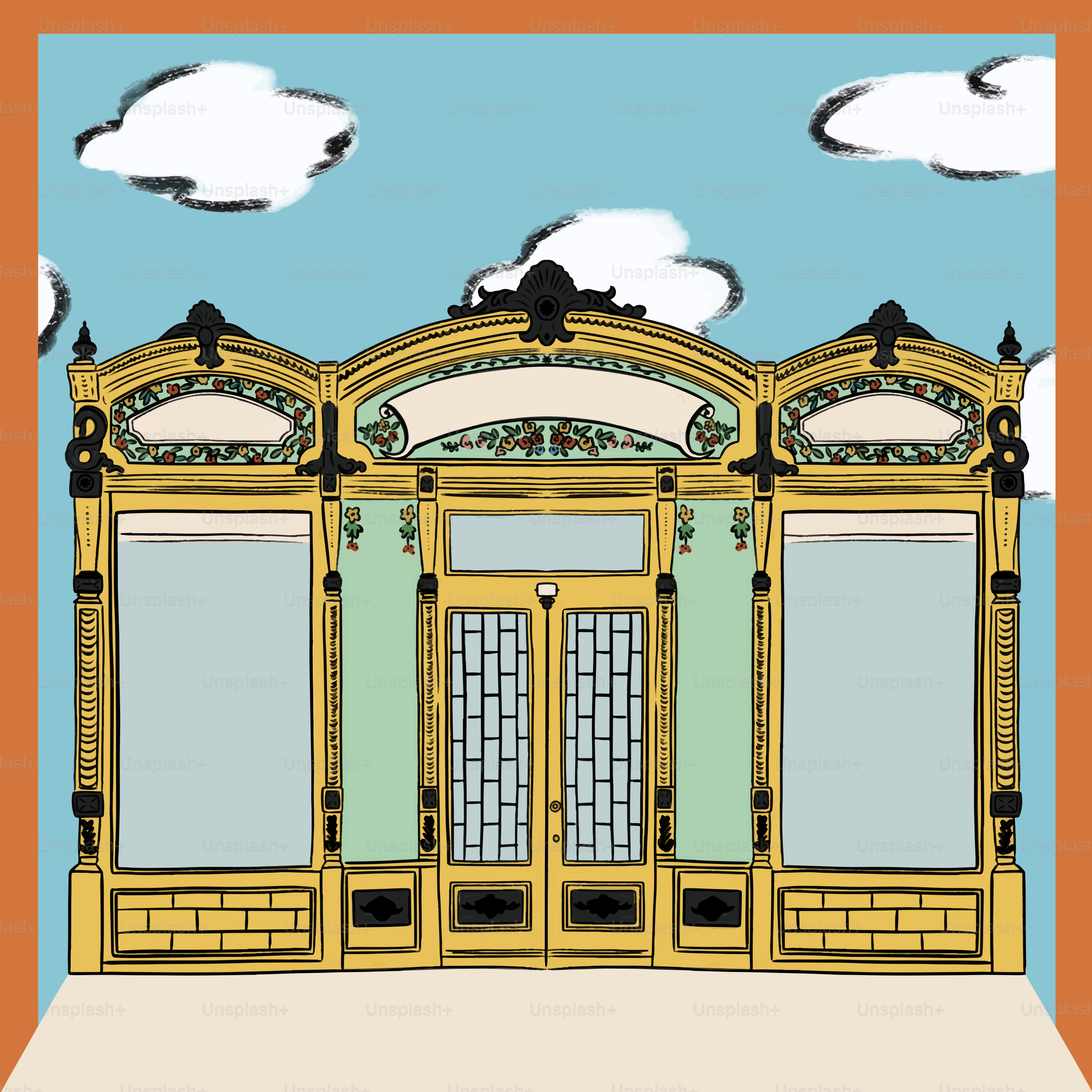 A drawing of a building with a sky in the background