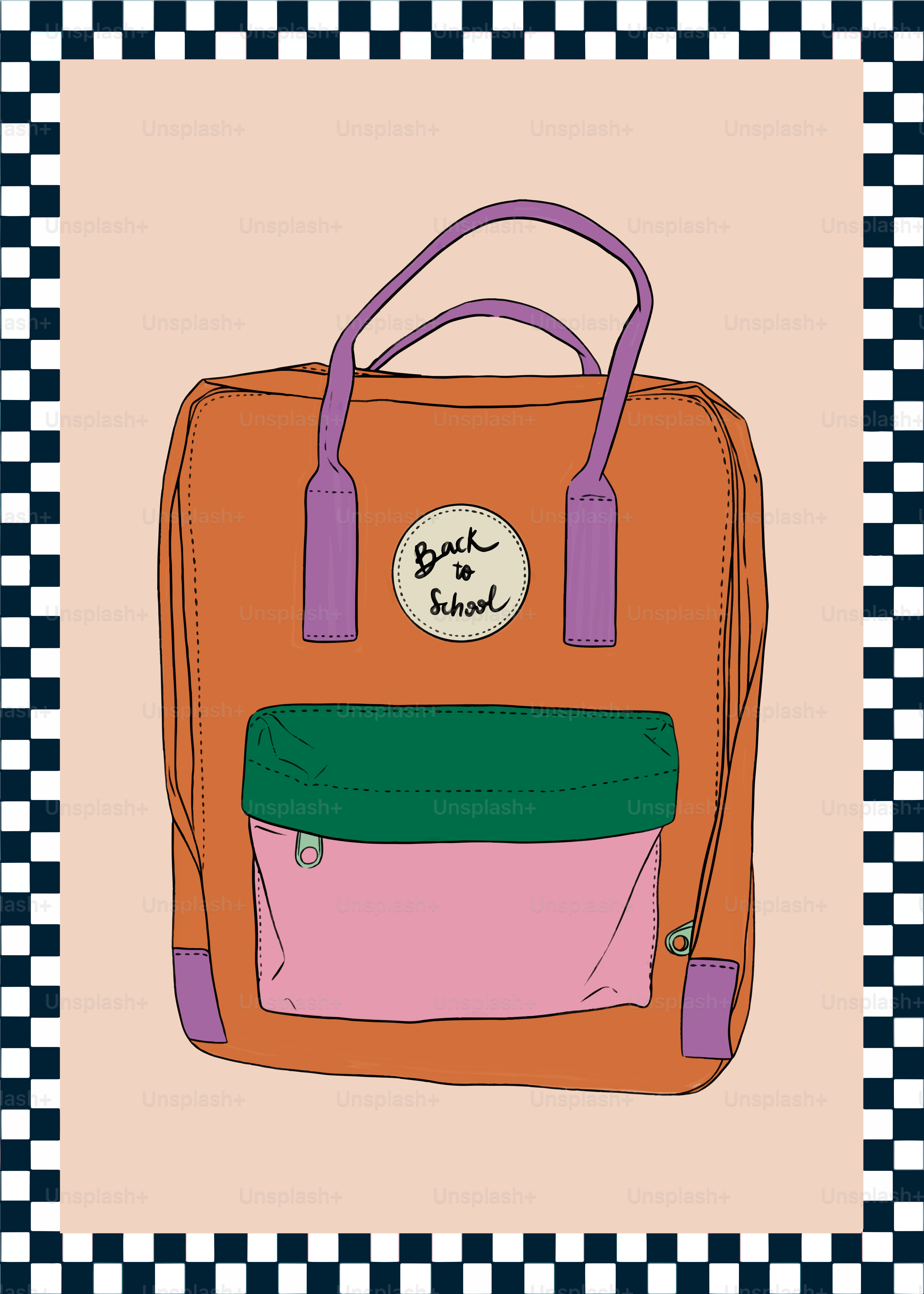 Una mochila naranja y rosa con una etiqueta