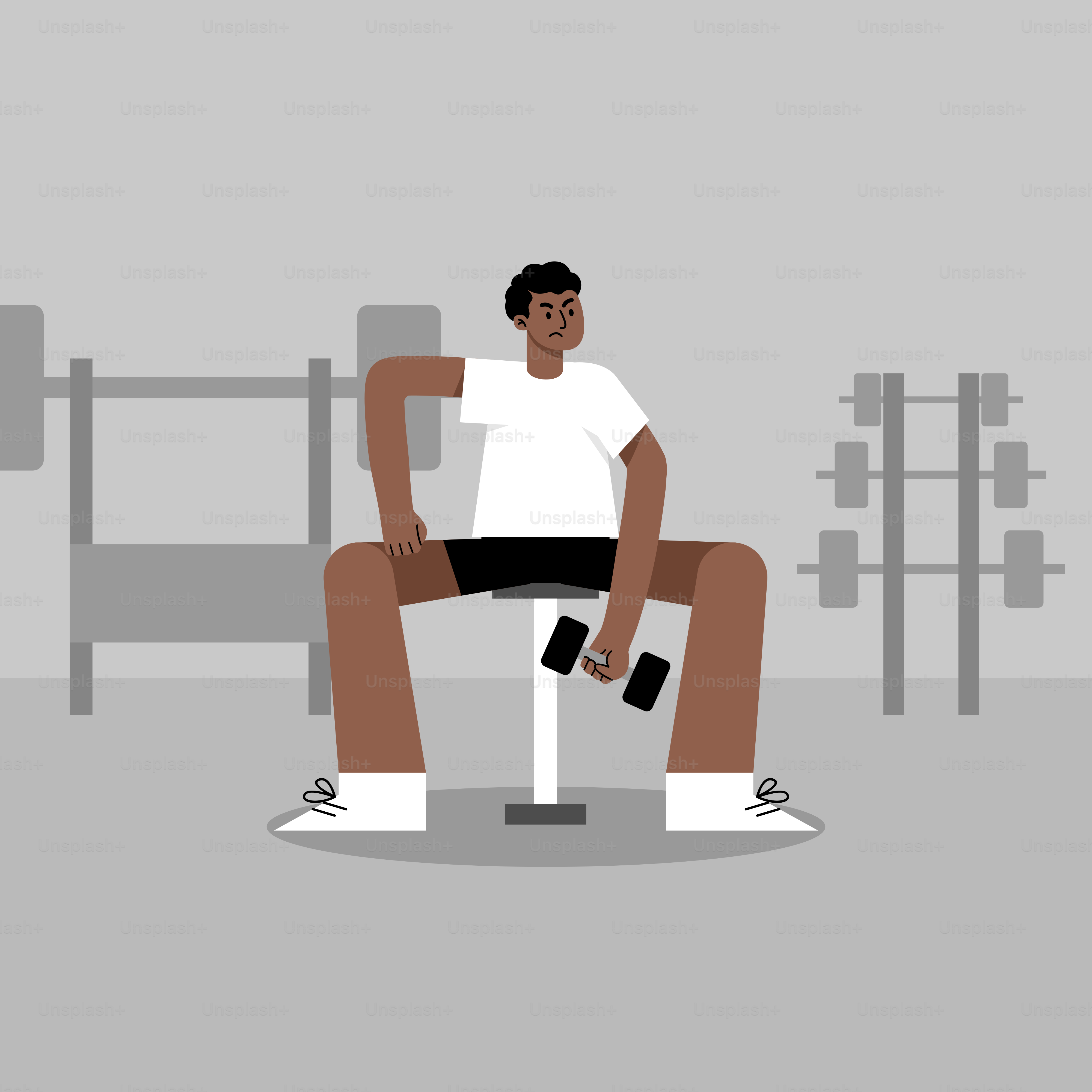 A man sitting on a bench holding a dumbbell
