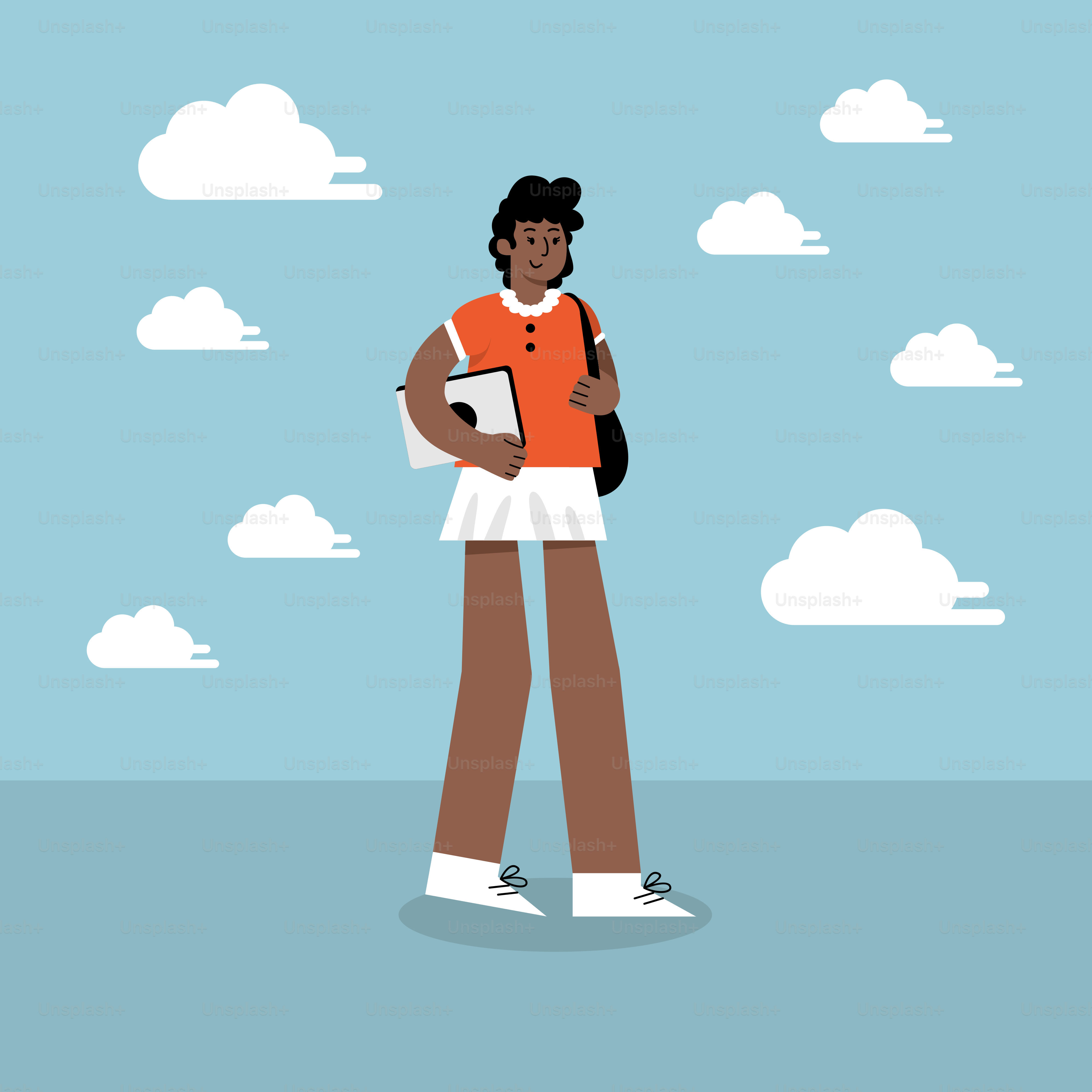 A woman standing in front of a sky with clouds