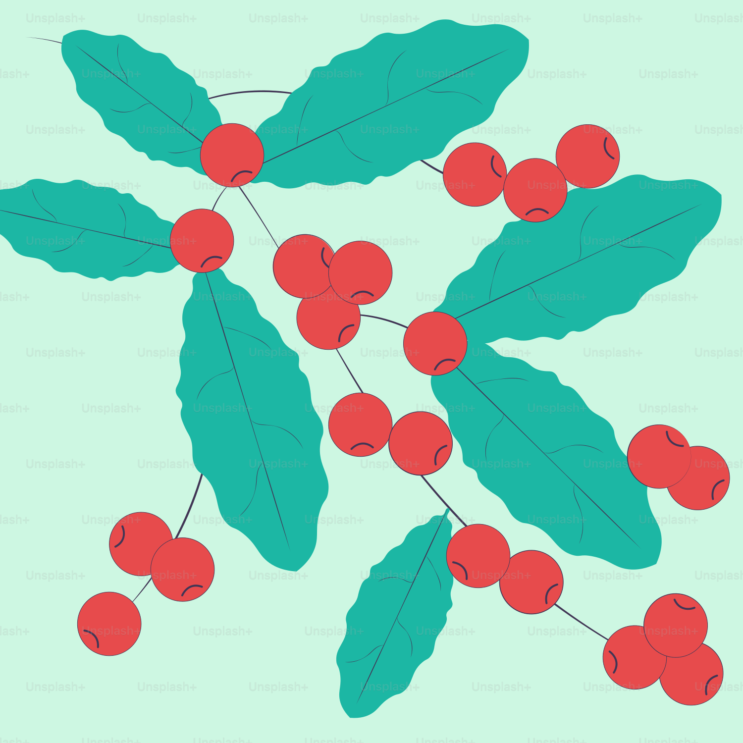 赤い果実と緑の葉を持つ枝