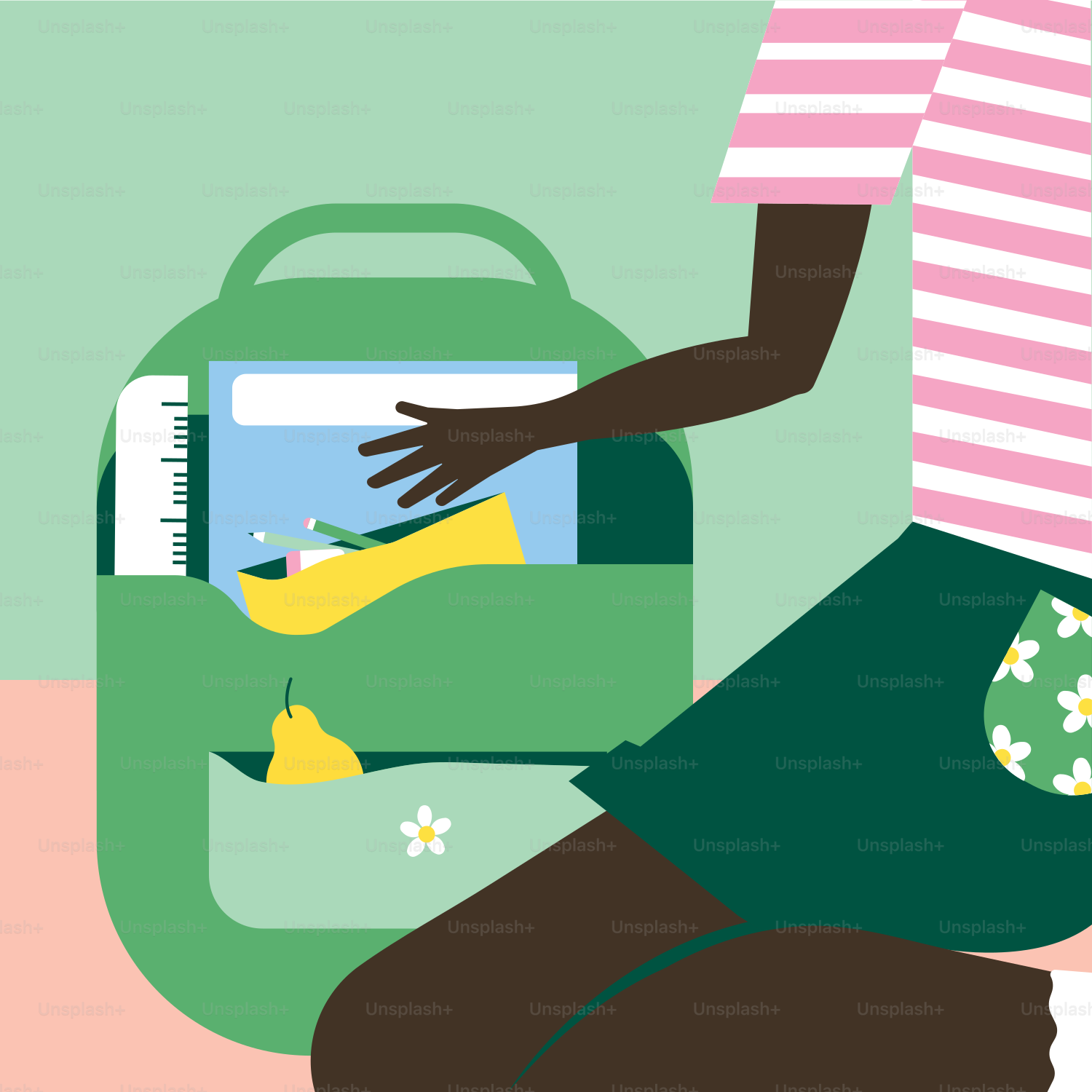 Una mujer sentada en el suelo con una bolsa verde