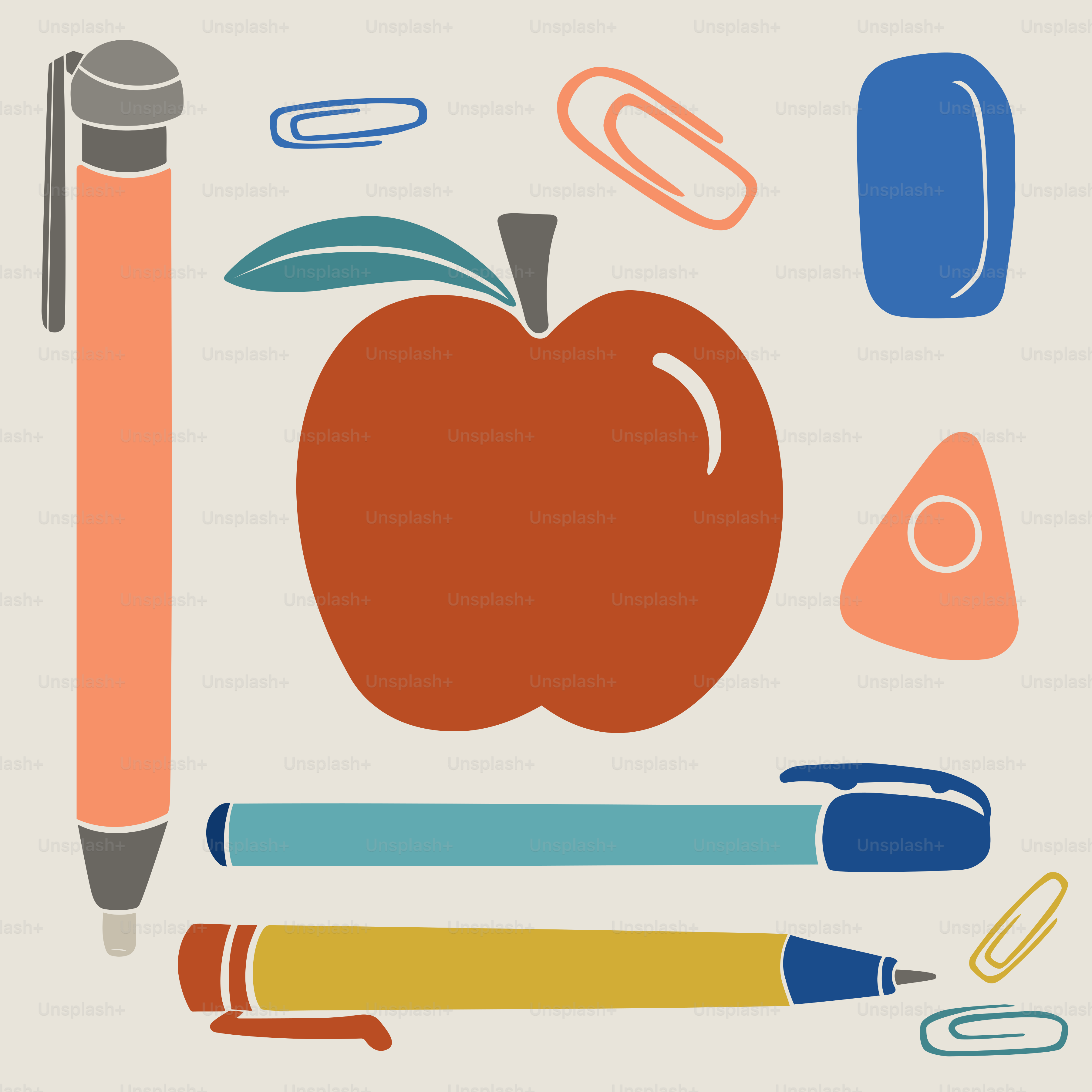 A picture of a pencil, an apple, and other school supplies