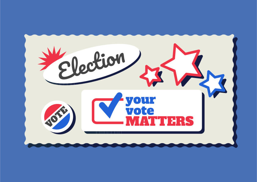 Se muestra una pegatina de votación sobre un fondo azul