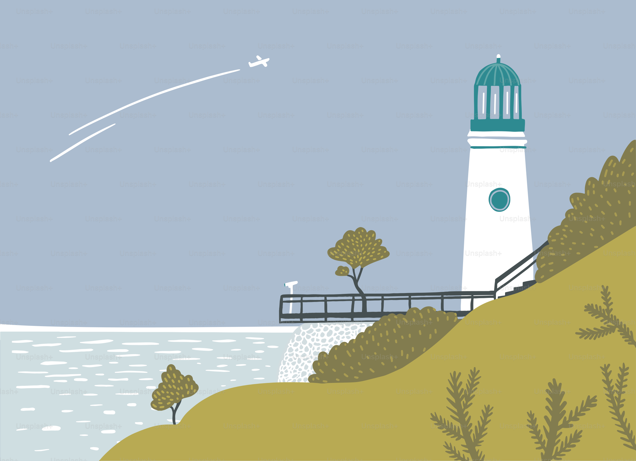 A picture of a lighthouse on a hill by the water