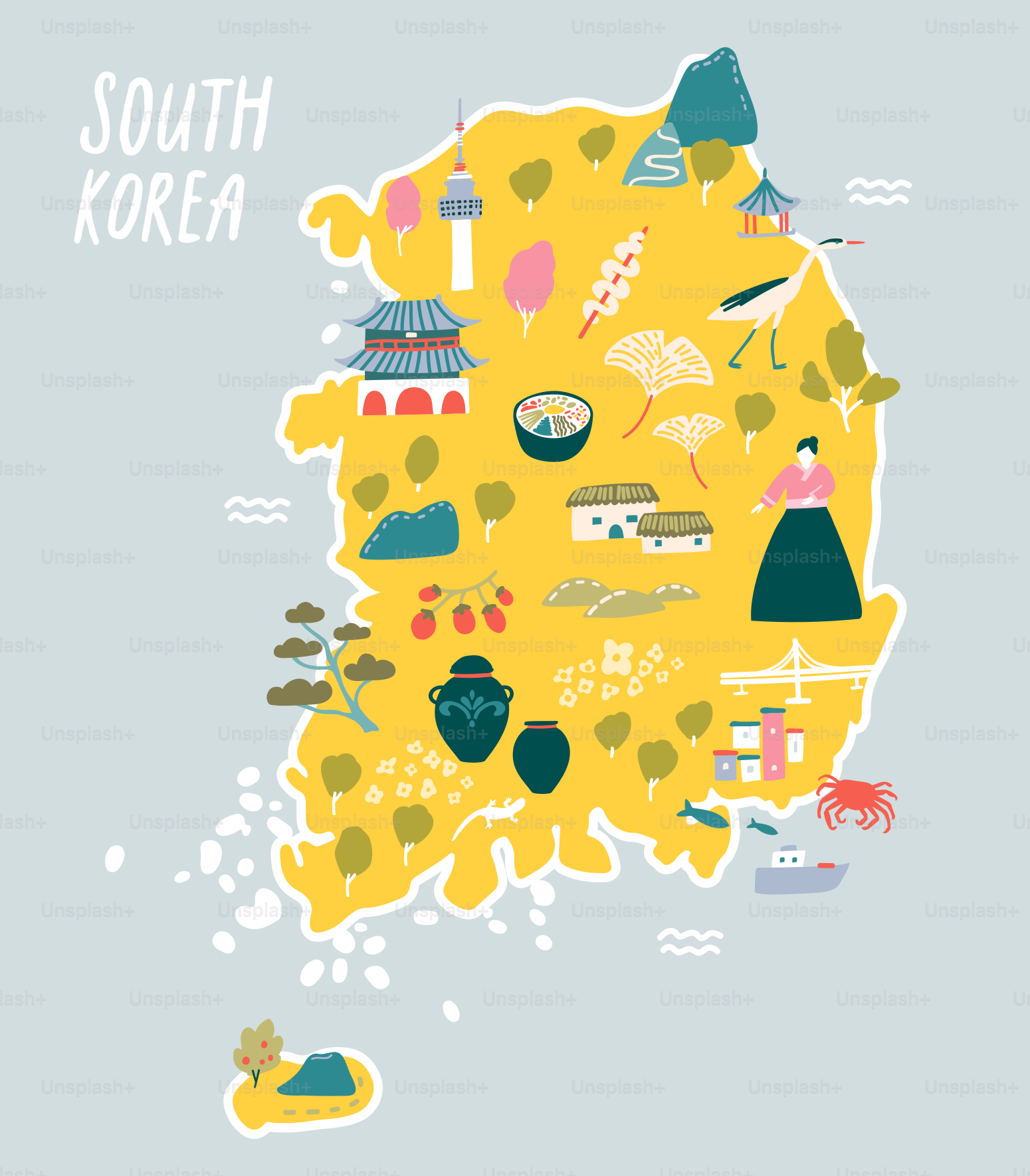 An illustrated map of south korea