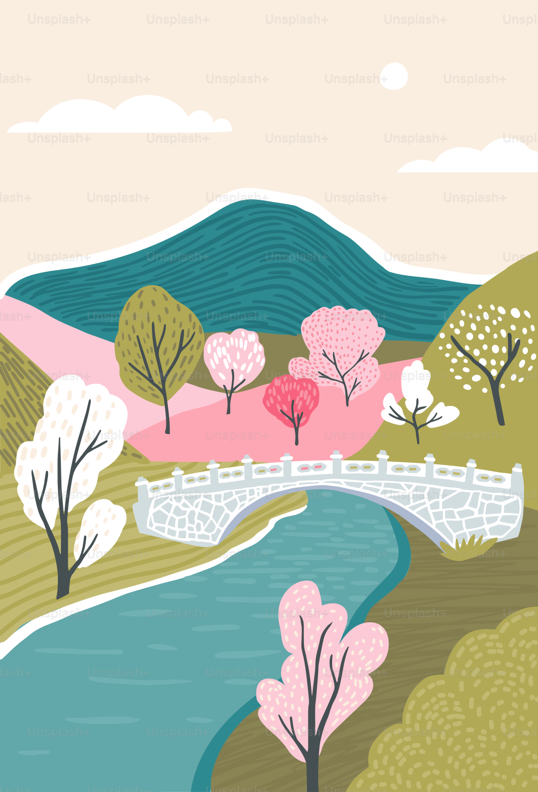 A painting of a river and a bridge