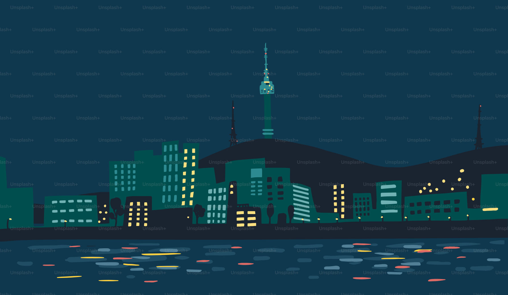 A city at night with a clock tower in the distance