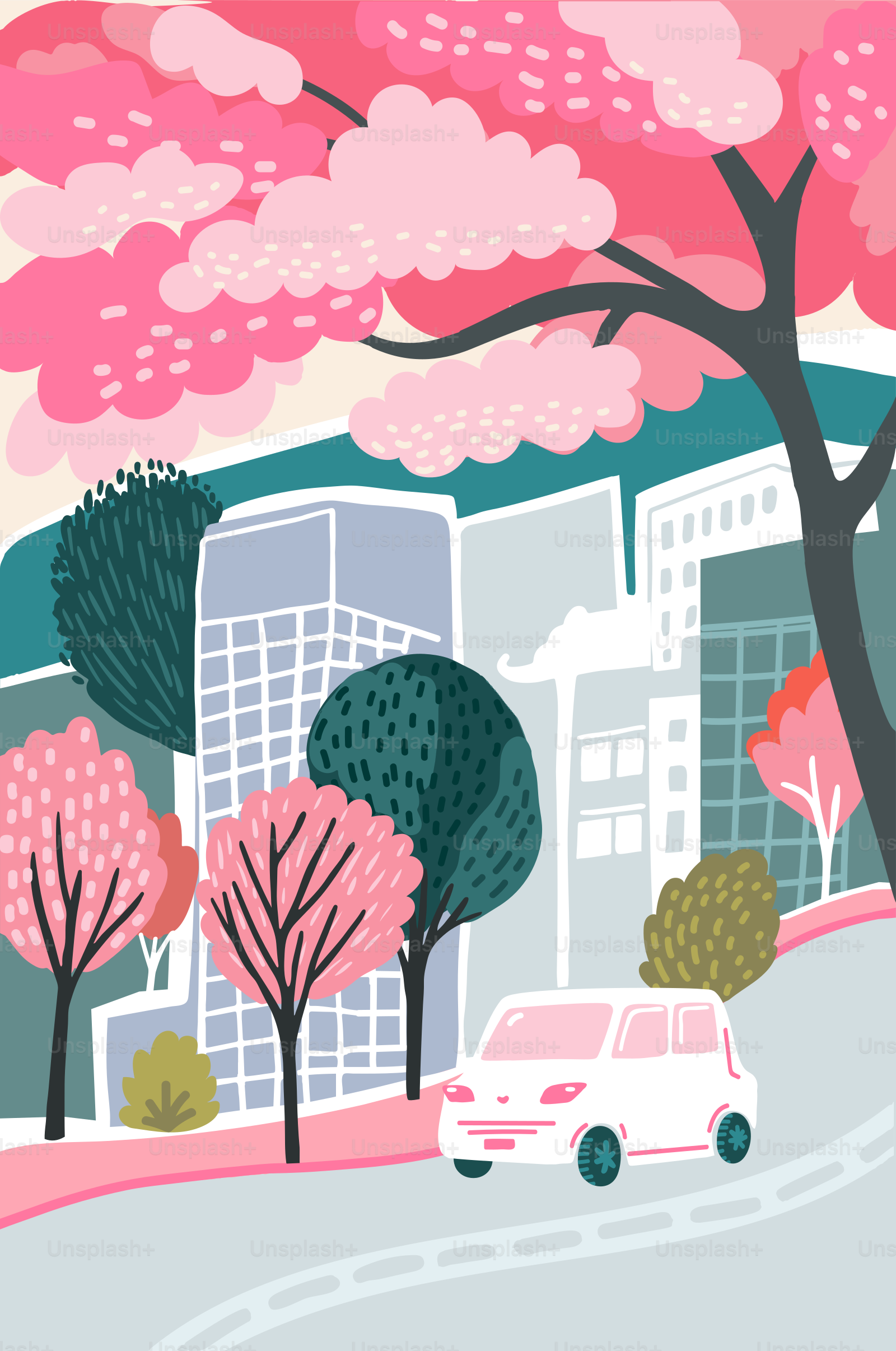 A white car driving down a street next to tall buildings