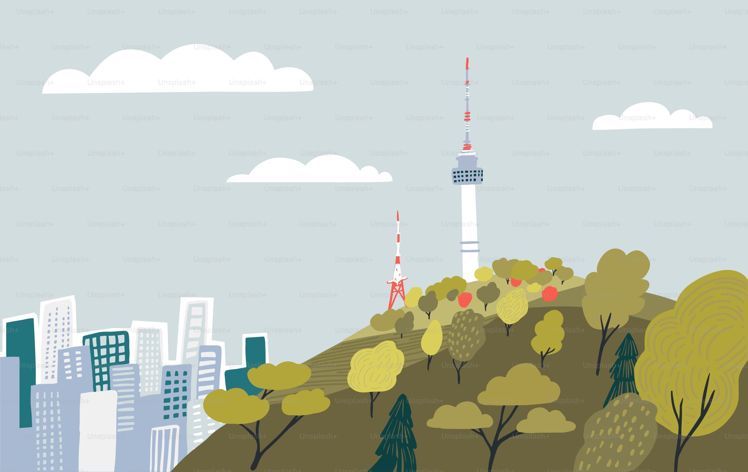 A picture of a city on a hill with trees