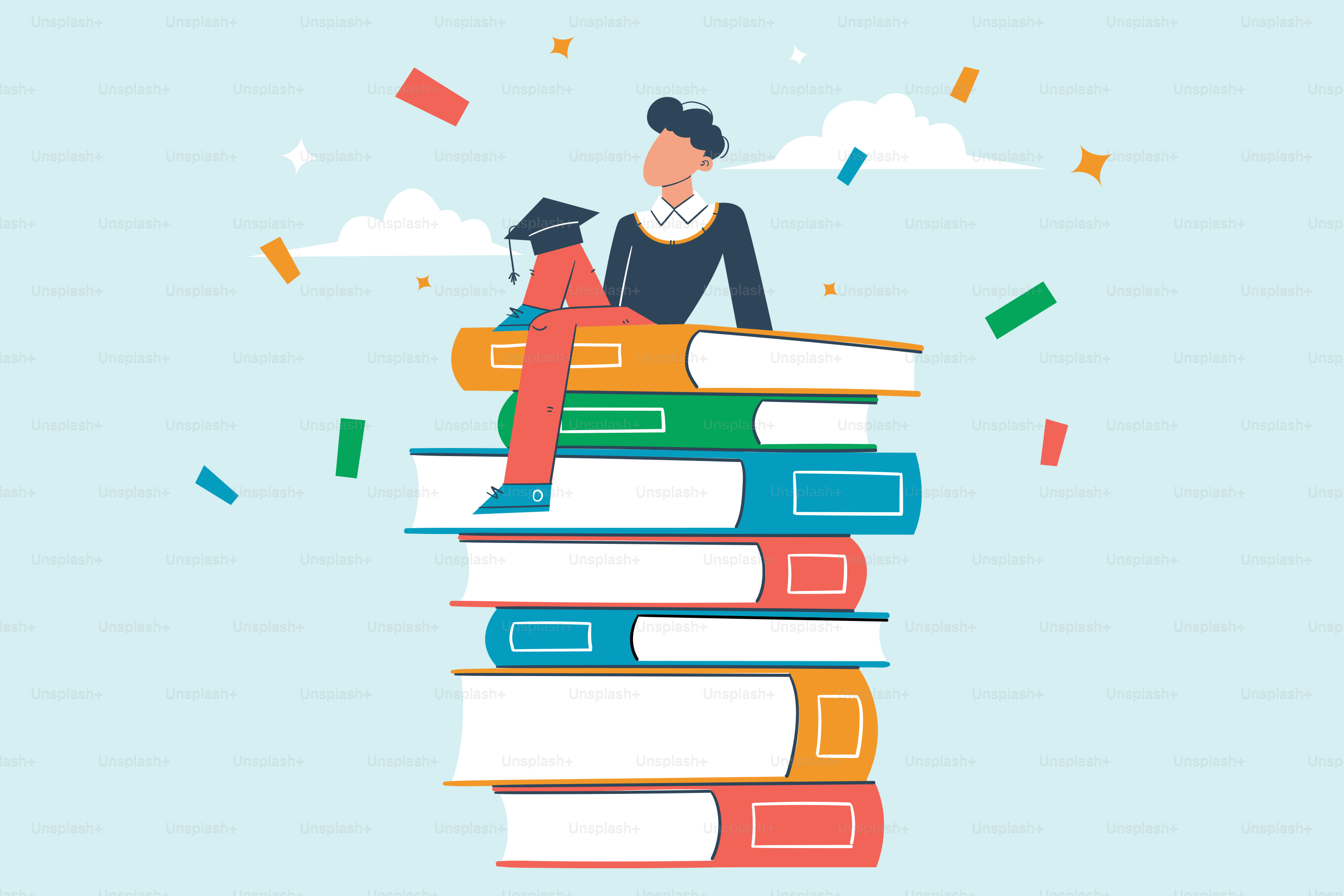 本の山の上に座る女性