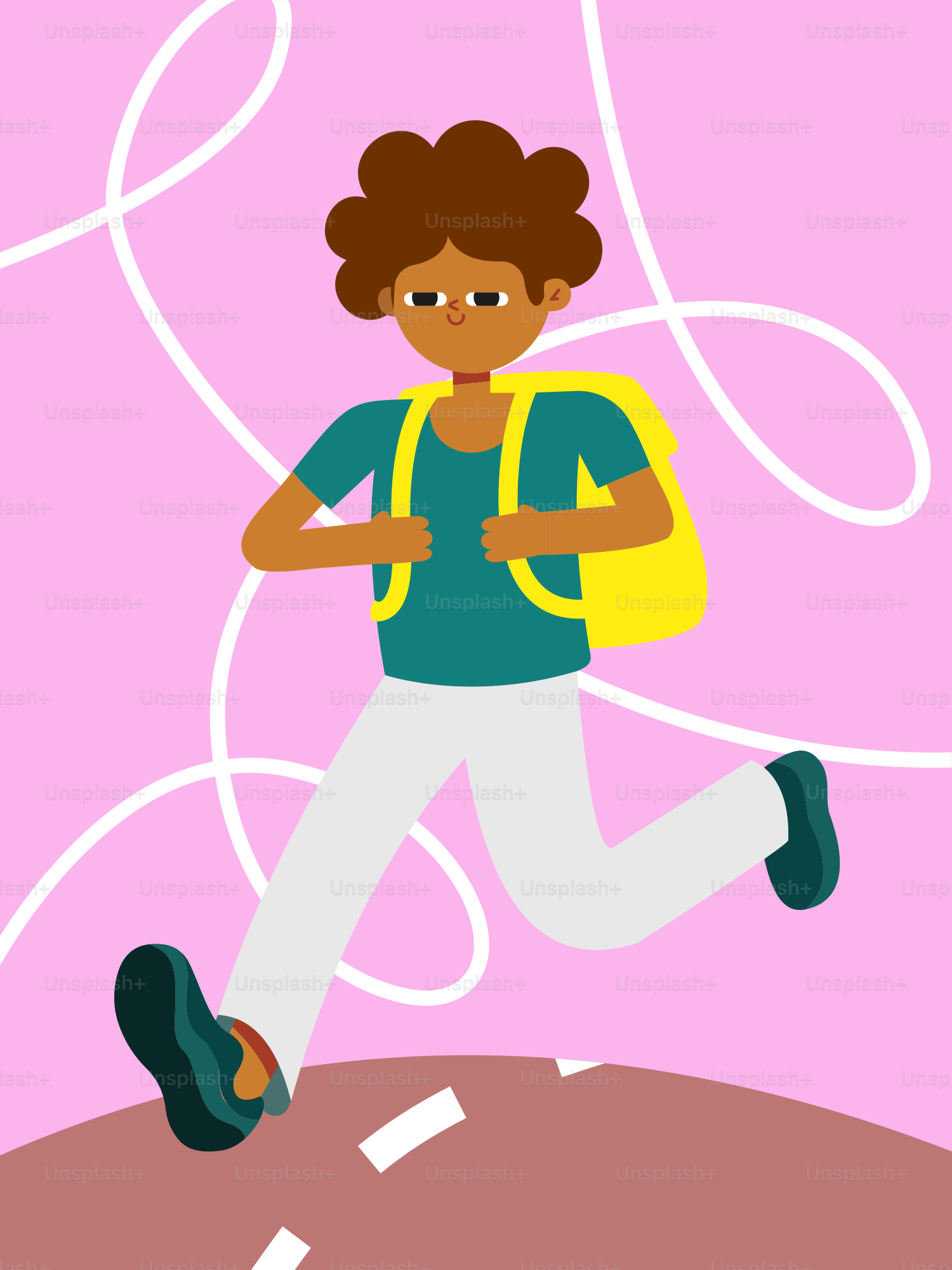 A man with a backpack running on a pink background