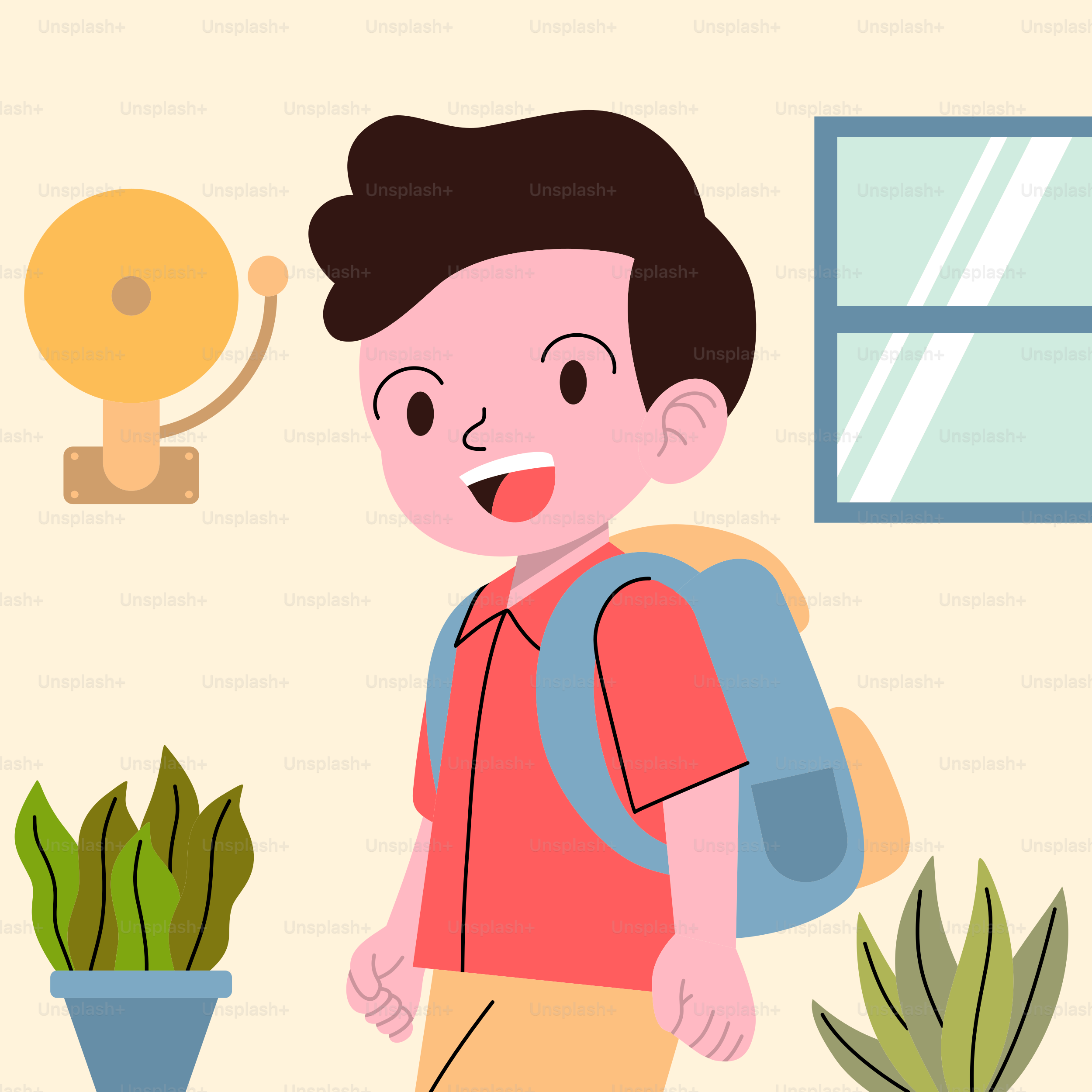 Un chico con mochila y una planta de interior