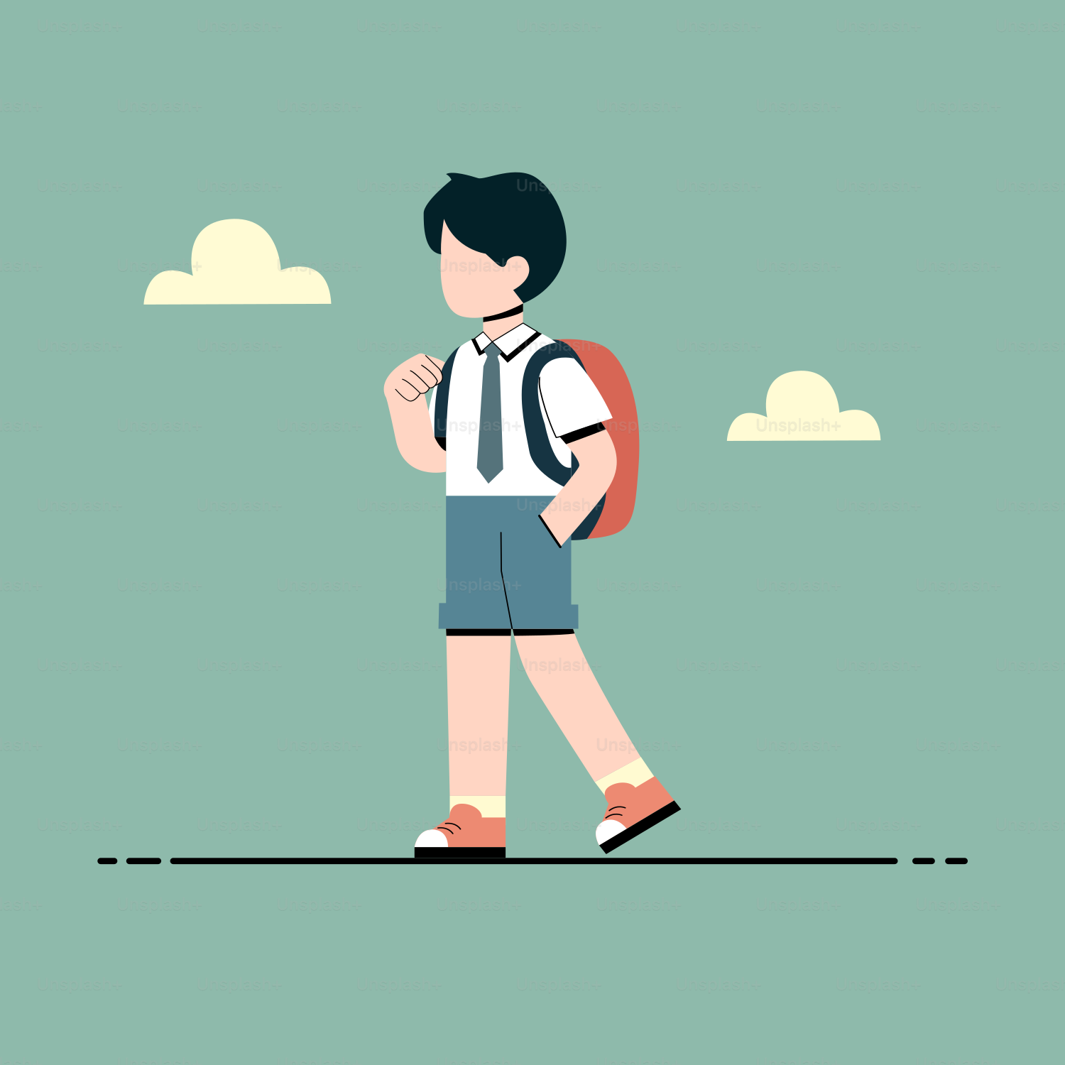 A boy with a backpack walking across a field