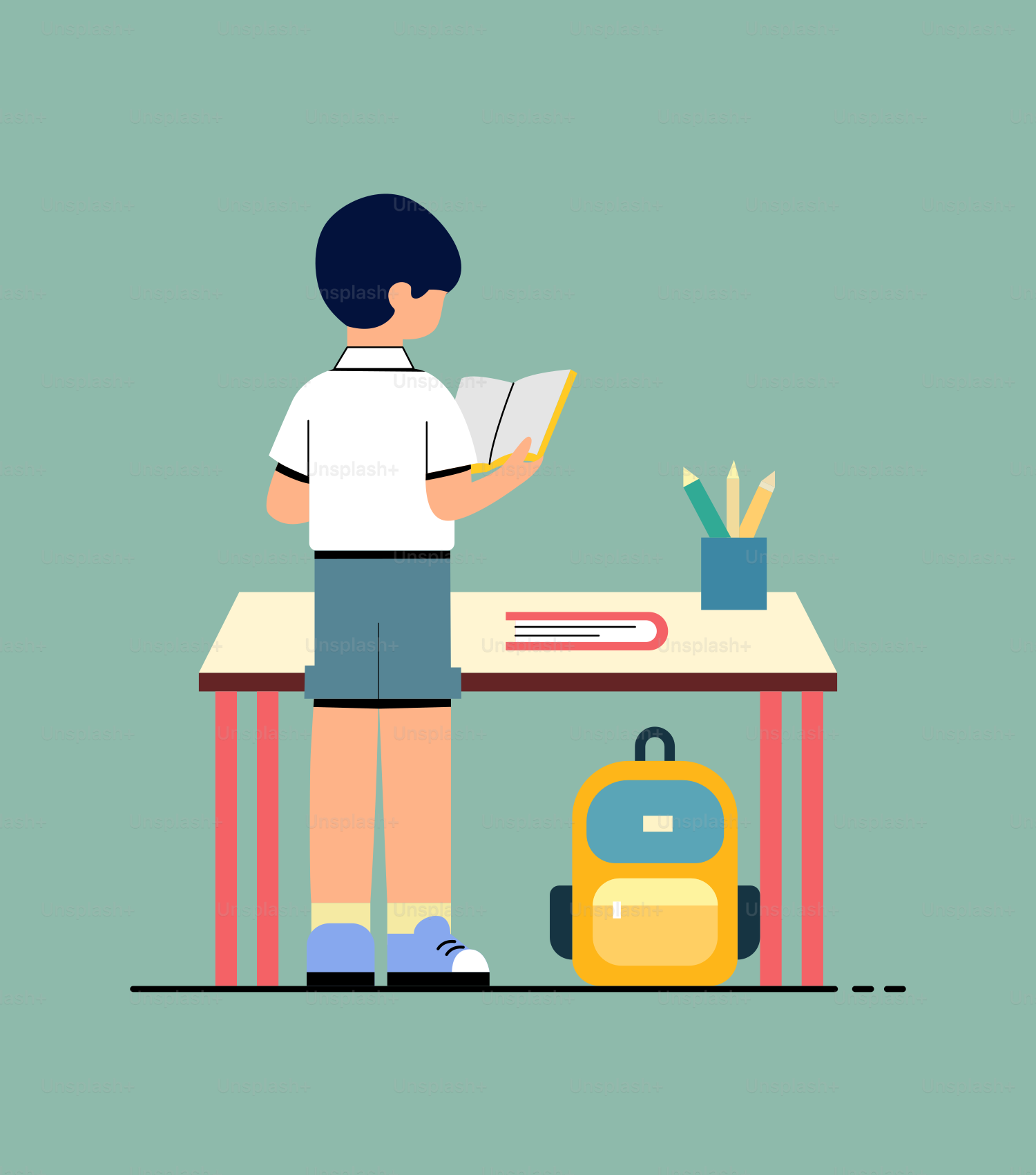 Una persona de pie en un escritorio con un libro