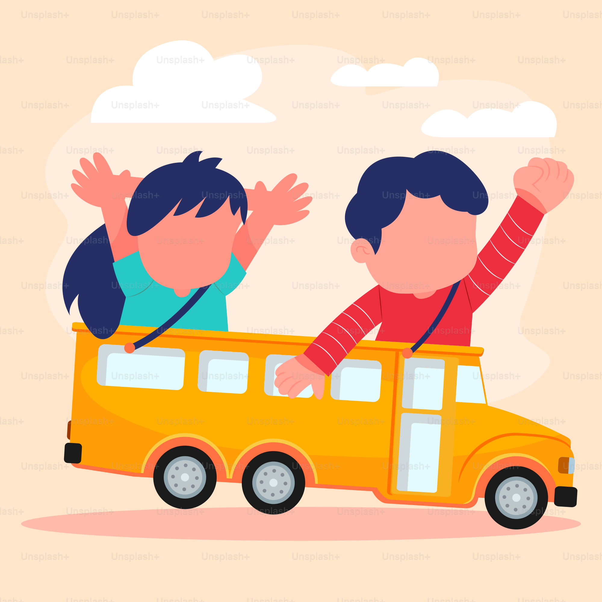 Un par de chavales montados en la parte trasera de un autobús escolar