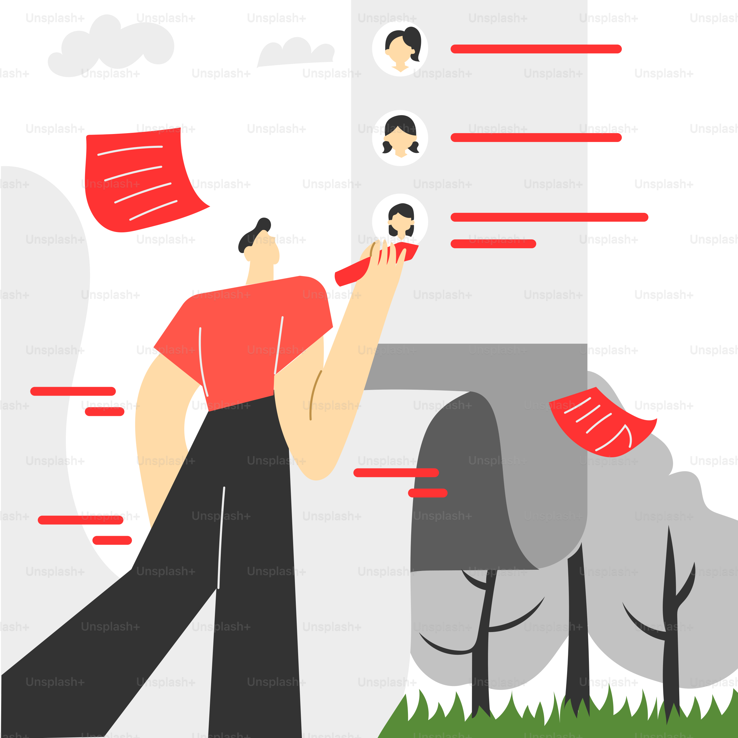 Ein Mann steht vor einer Wand mit roten Fahnen