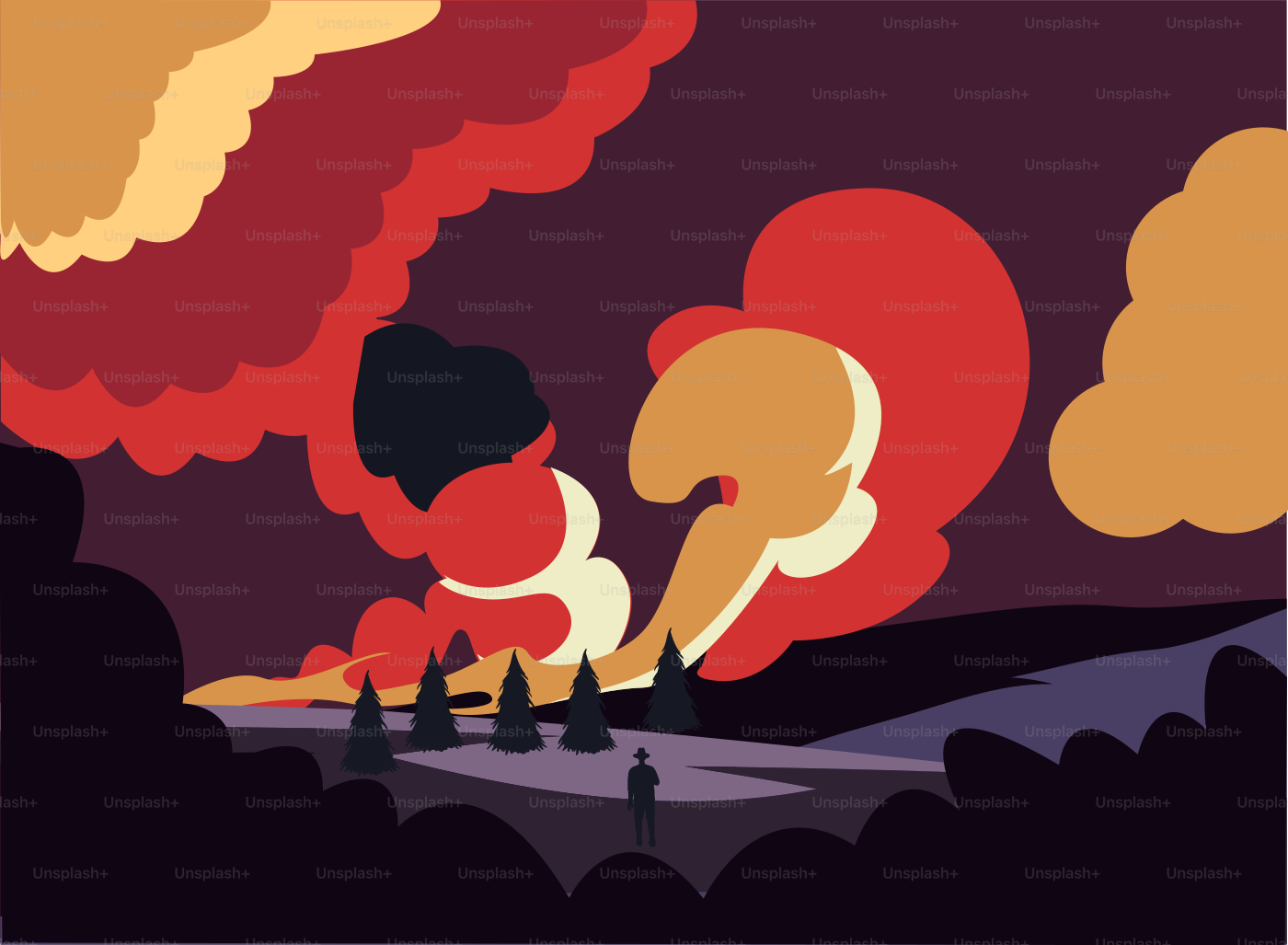 A poster of a man on a hill with a sky in the background