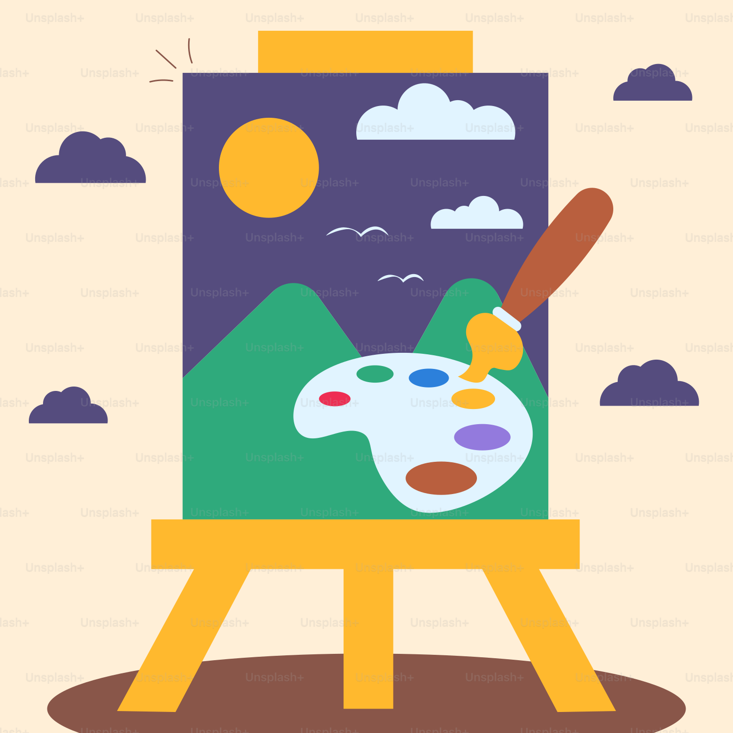 An easel with a paintbrush and a painting on it